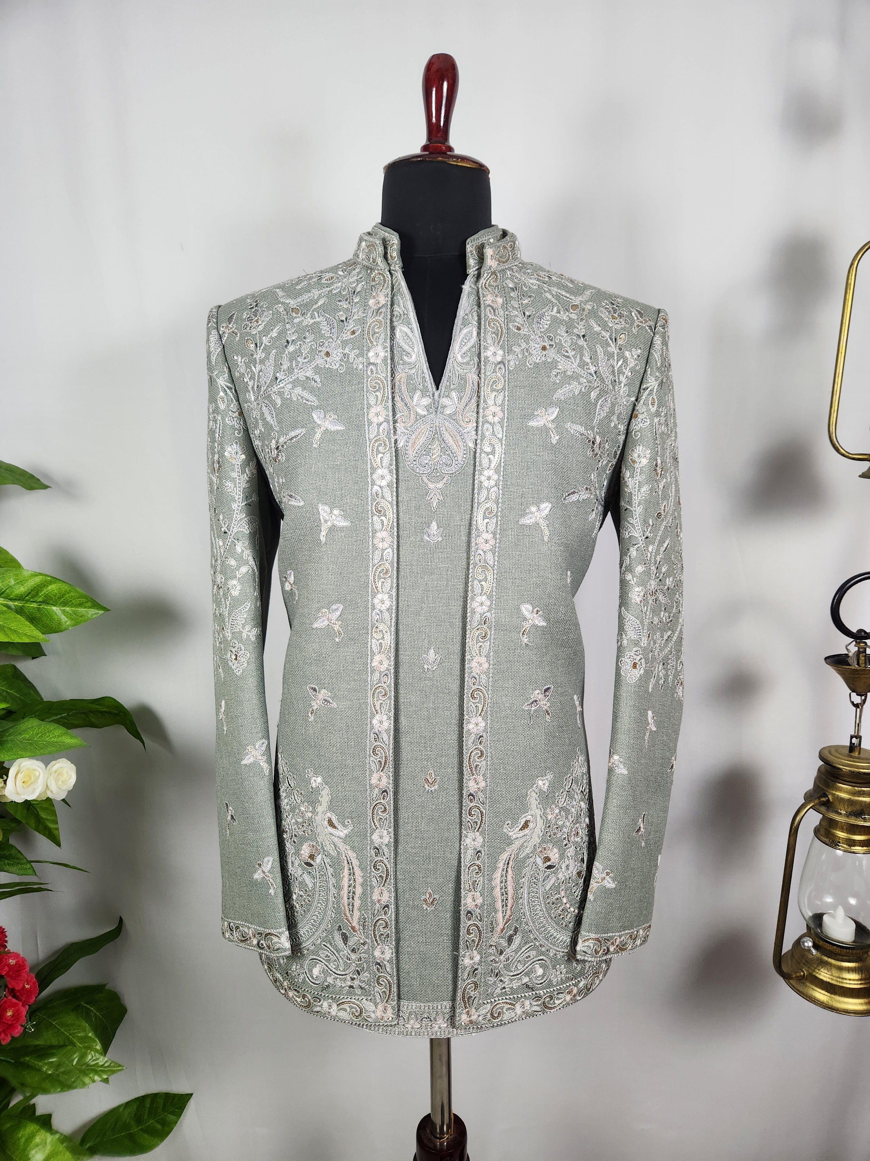 Sage Green Indo-Western Sherwani for Men | Indian Groom Wedding Outfit