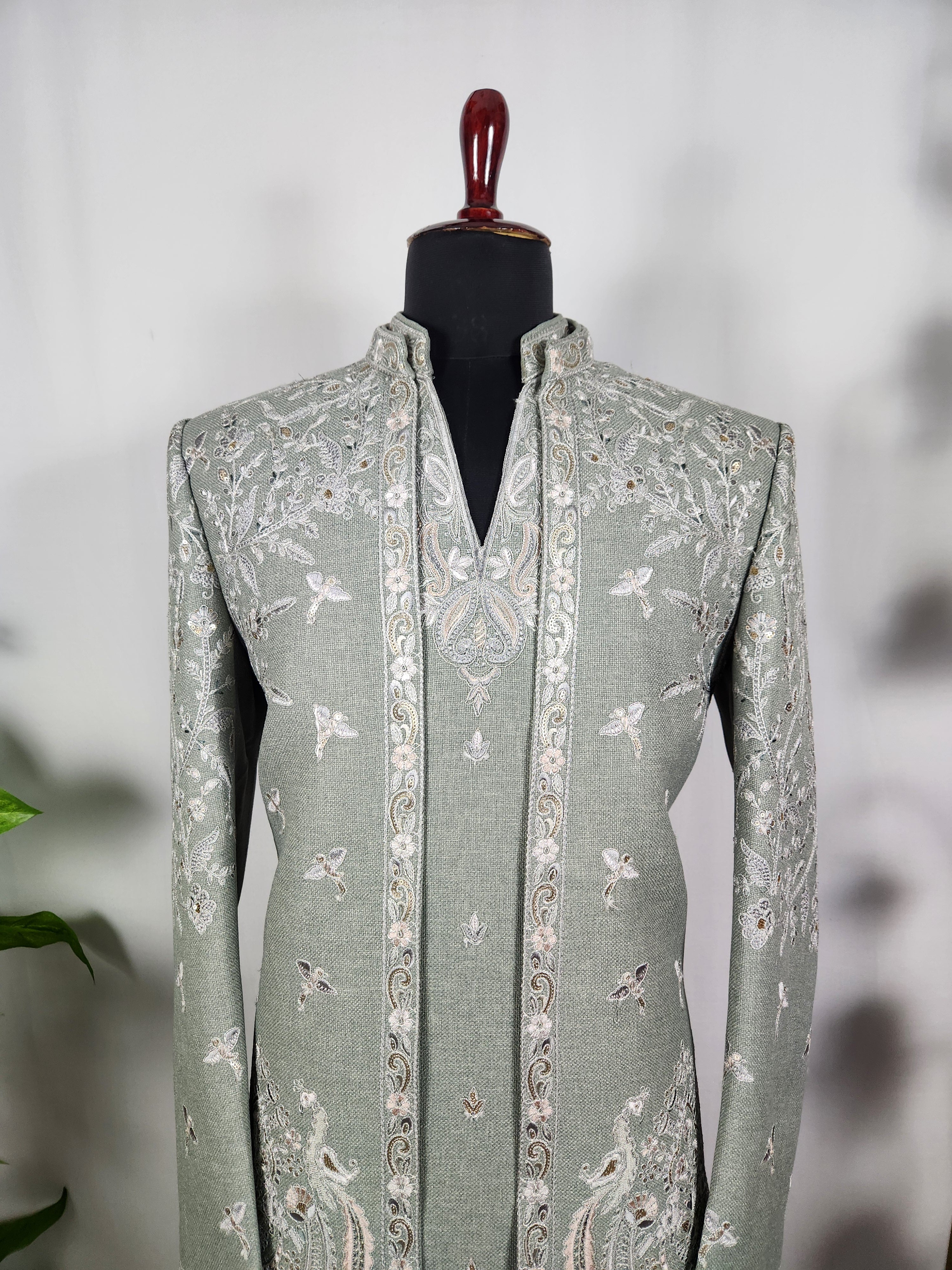 Sage Green Indo-Western Sherwani for Men | Indian Groom Wedding Outfit