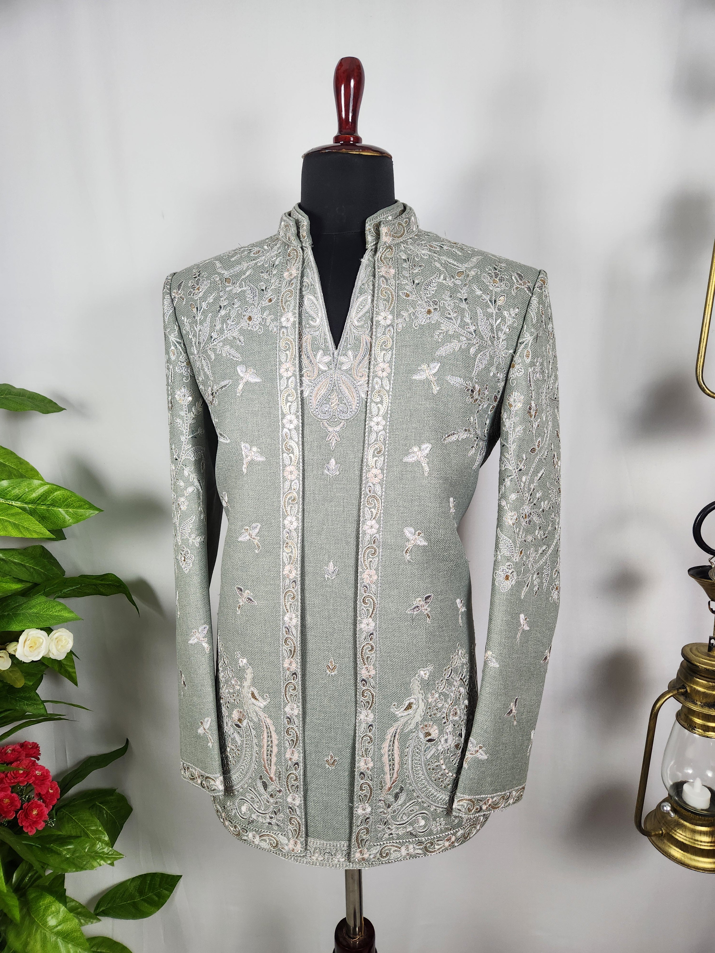 Sage Green Indo-Western Sherwani for Men | Indian Groom Wedding Outfit