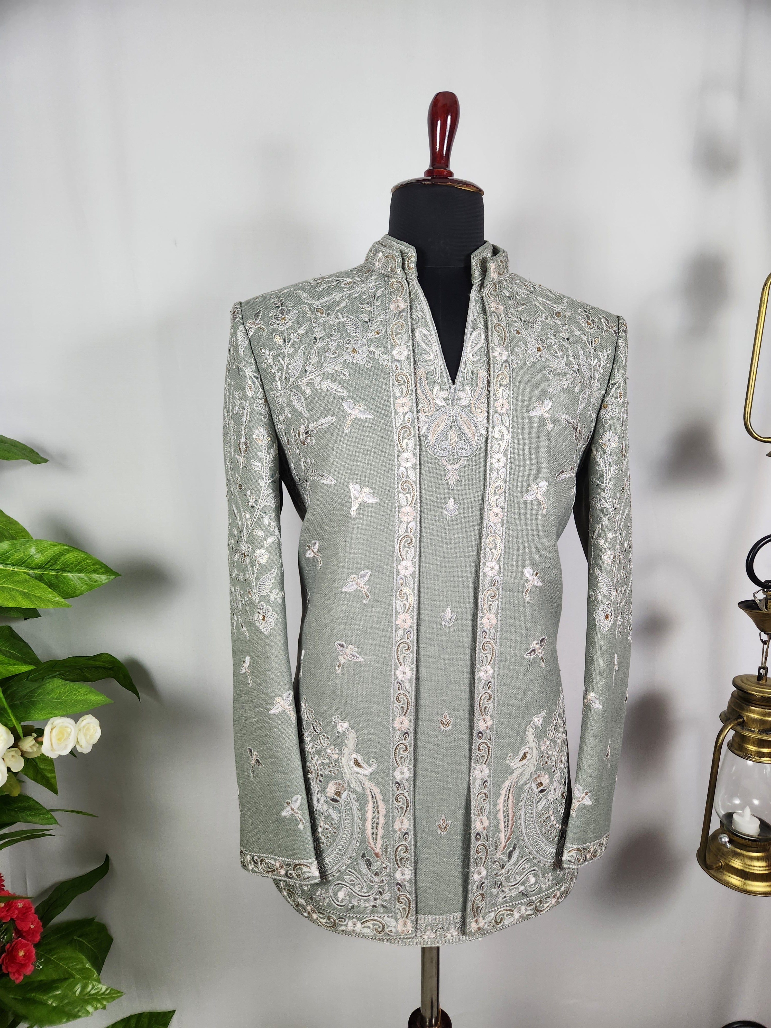 Sage Green Indo-Western Sherwani for Men | Indian Groom Wedding Outfit