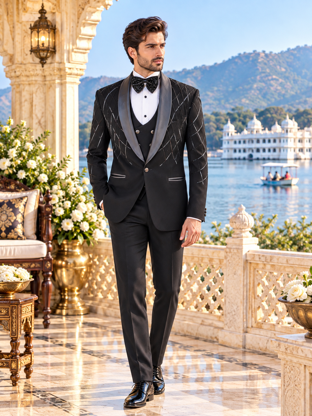 Studed Black Men's Black Tuxedo Suit for Wedding | Indian Groom Reception Outfit