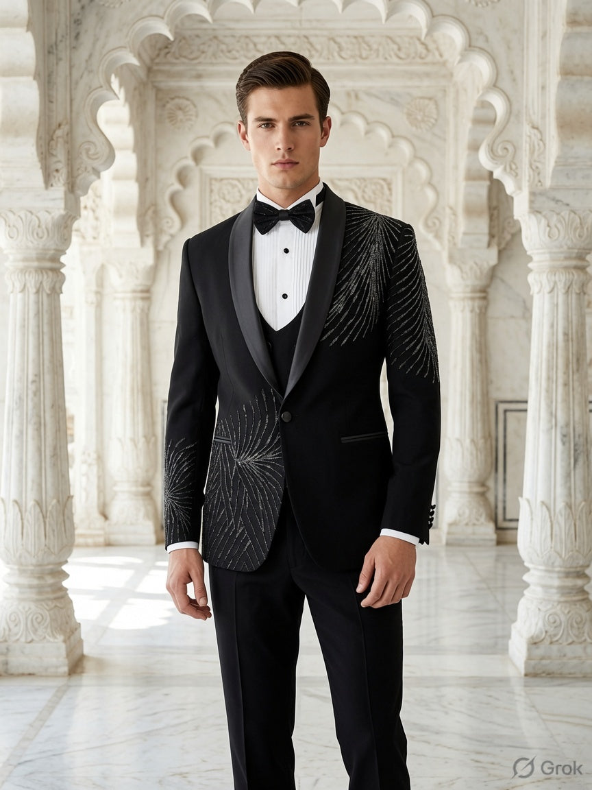 Beads Studed Men's Black Tuxedo Suit for Wedding | Indian Groom Reception Outfit
