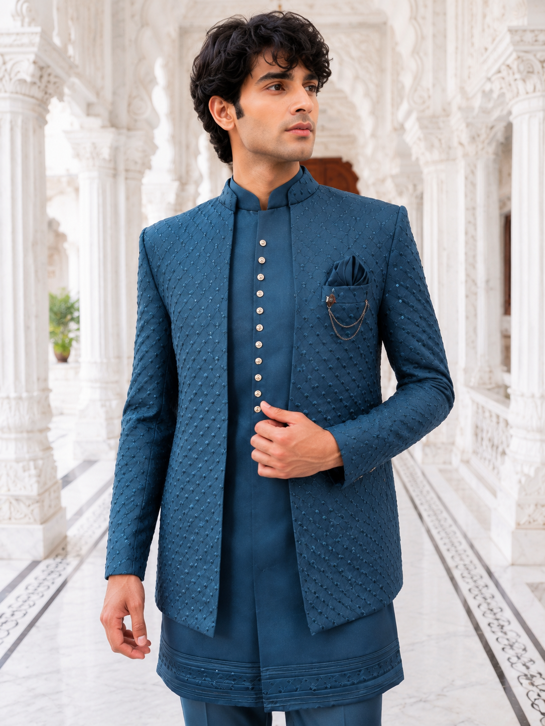 Teal Blue Indo-Western Sherwani for Men | Indian Groom Wedding Outfit