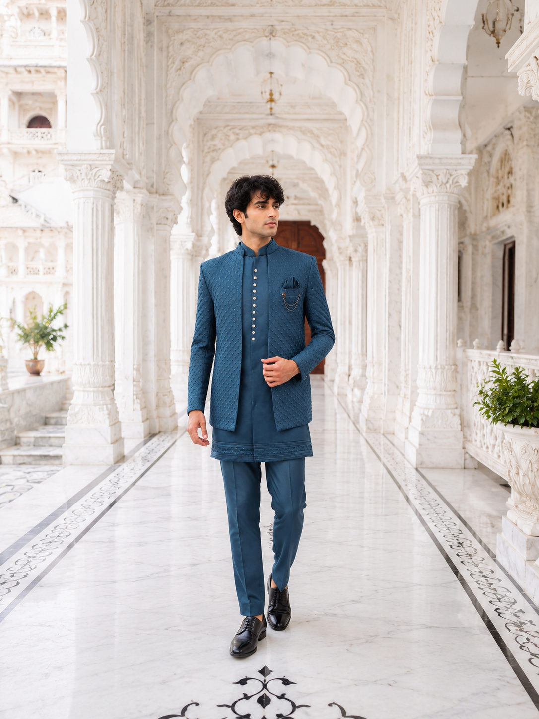 Teal Blue Indo-Western Sherwani for Men | Indian Groom Wedding Outfit