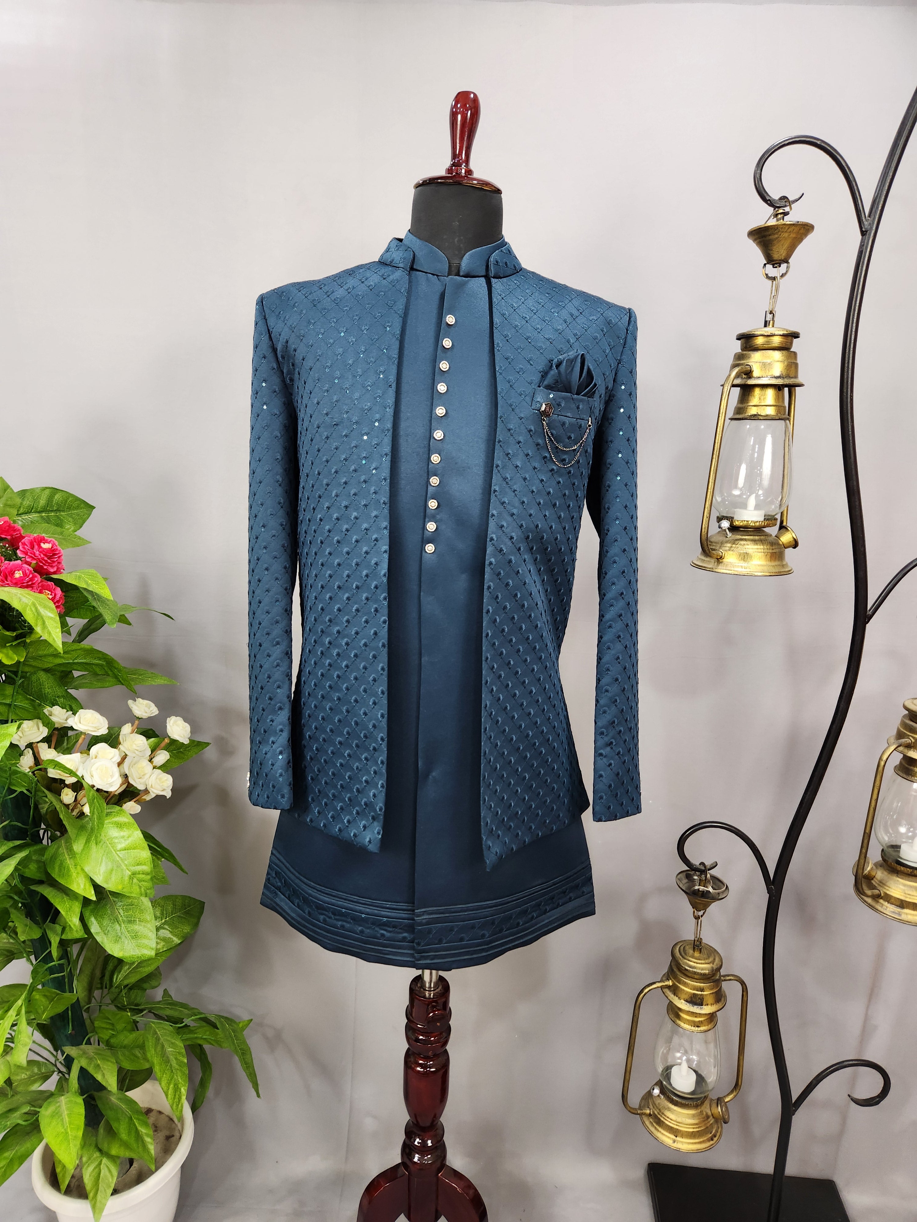 Teal Blue Indo-Western Sherwani for Men | Indian Groom Wedding Outfit