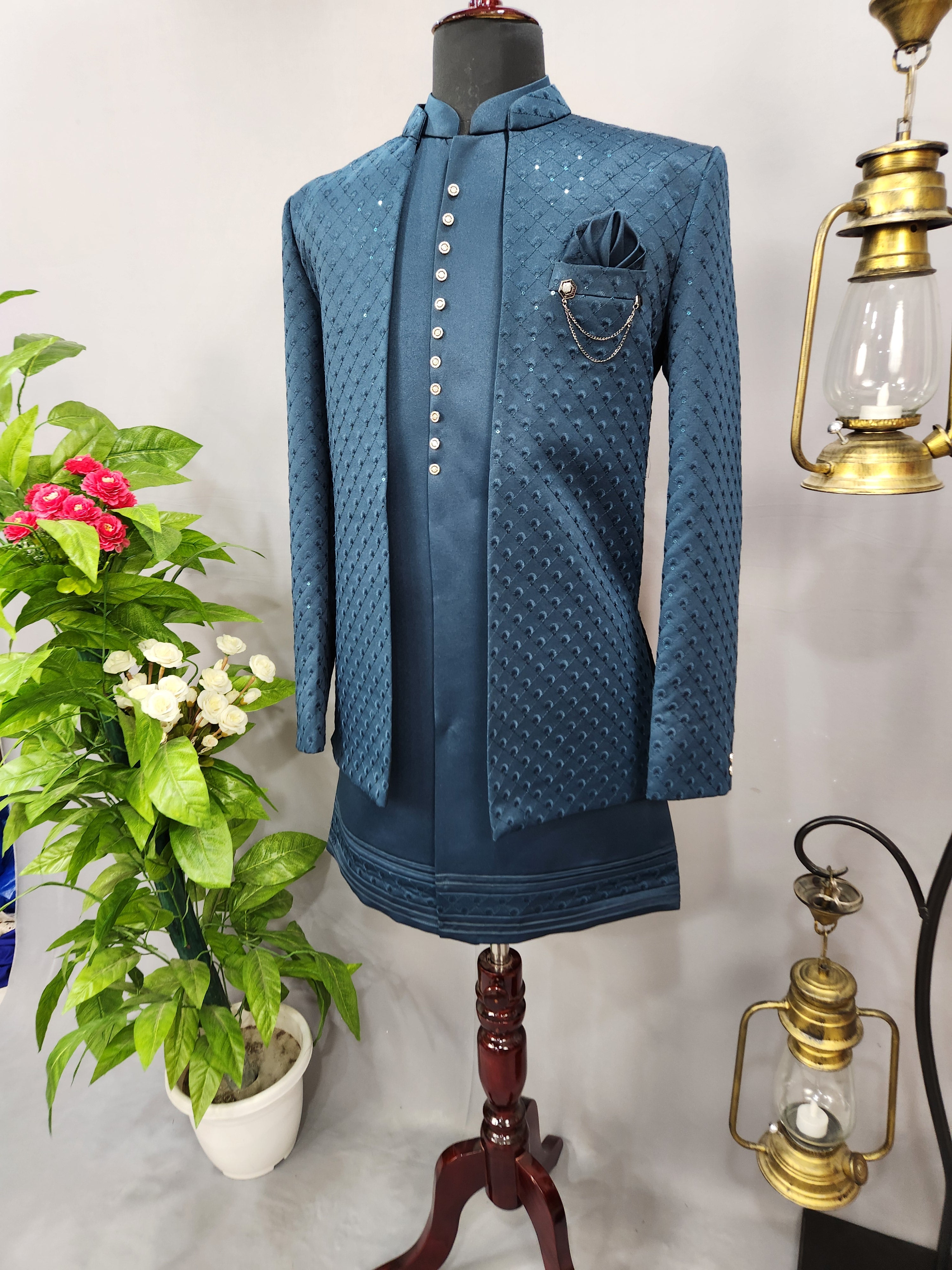 Teal Blue Indo-Western Sherwani for Men | Indian Groom Wedding Outfit