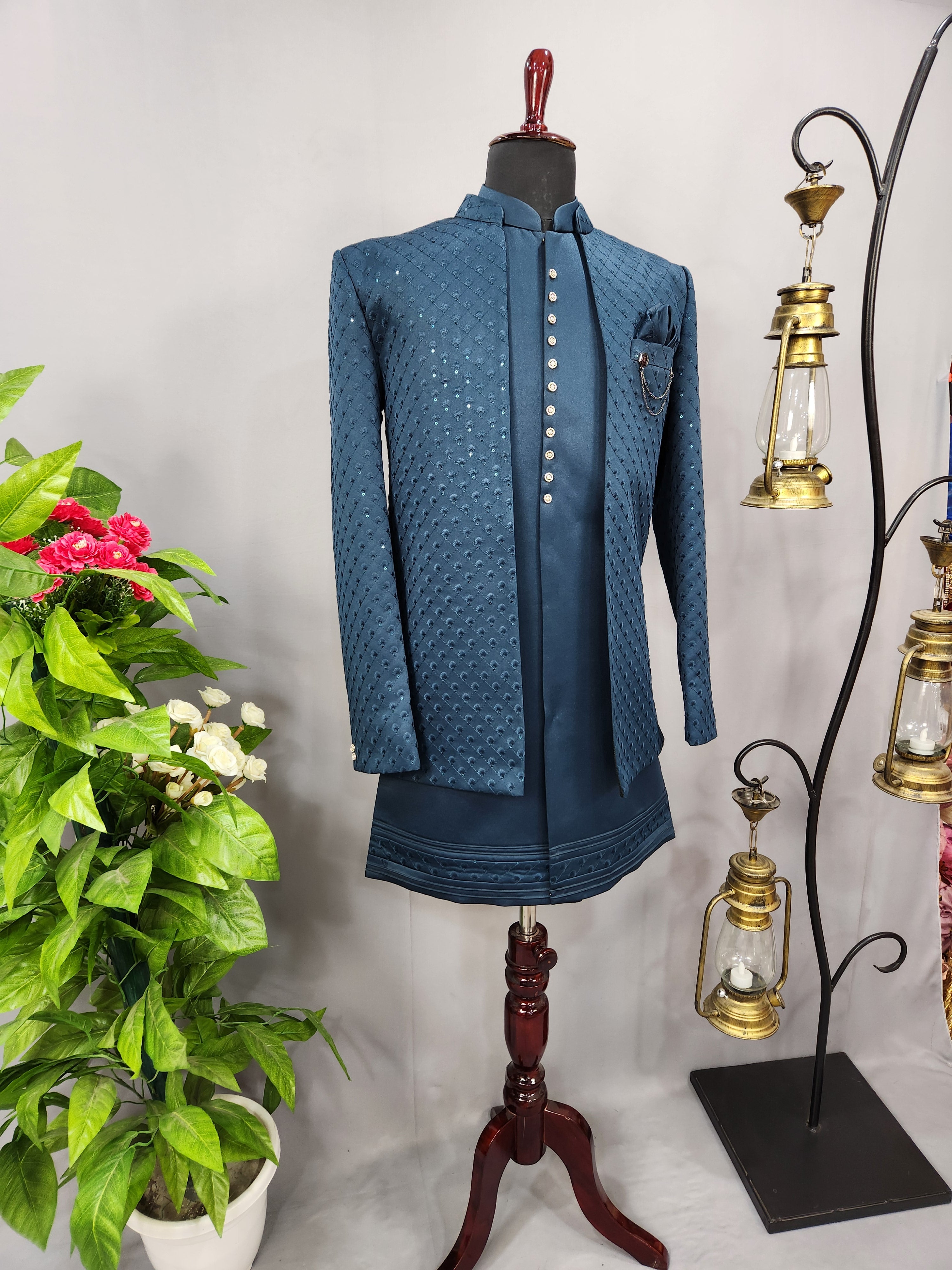 Teal Blue Indo-Western Sherwani for Men | Indian Groom Wedding Outfit