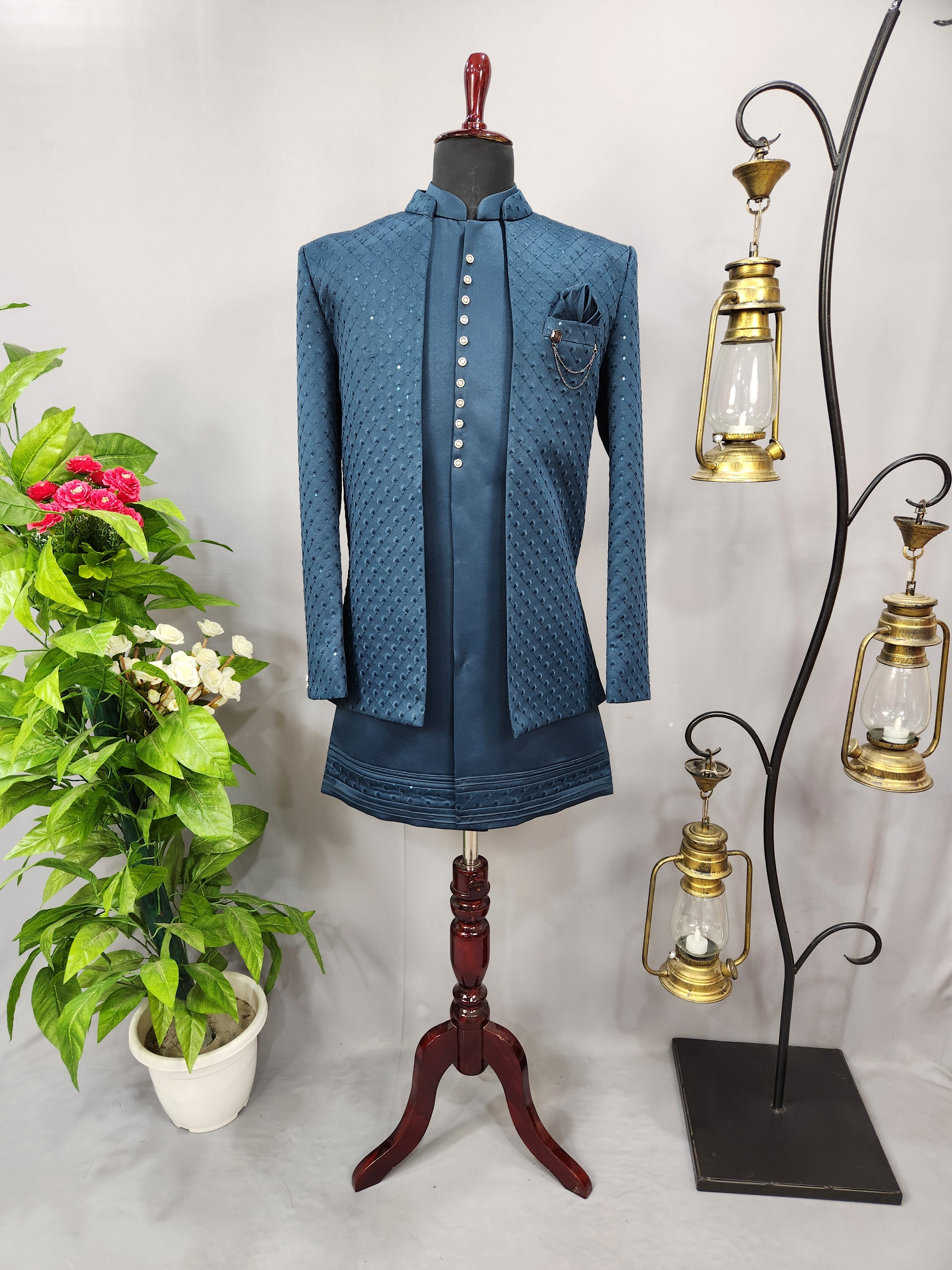 Teal Blue Indo-Western Sherwani for Men | Indian Groom Wedding Outfit
