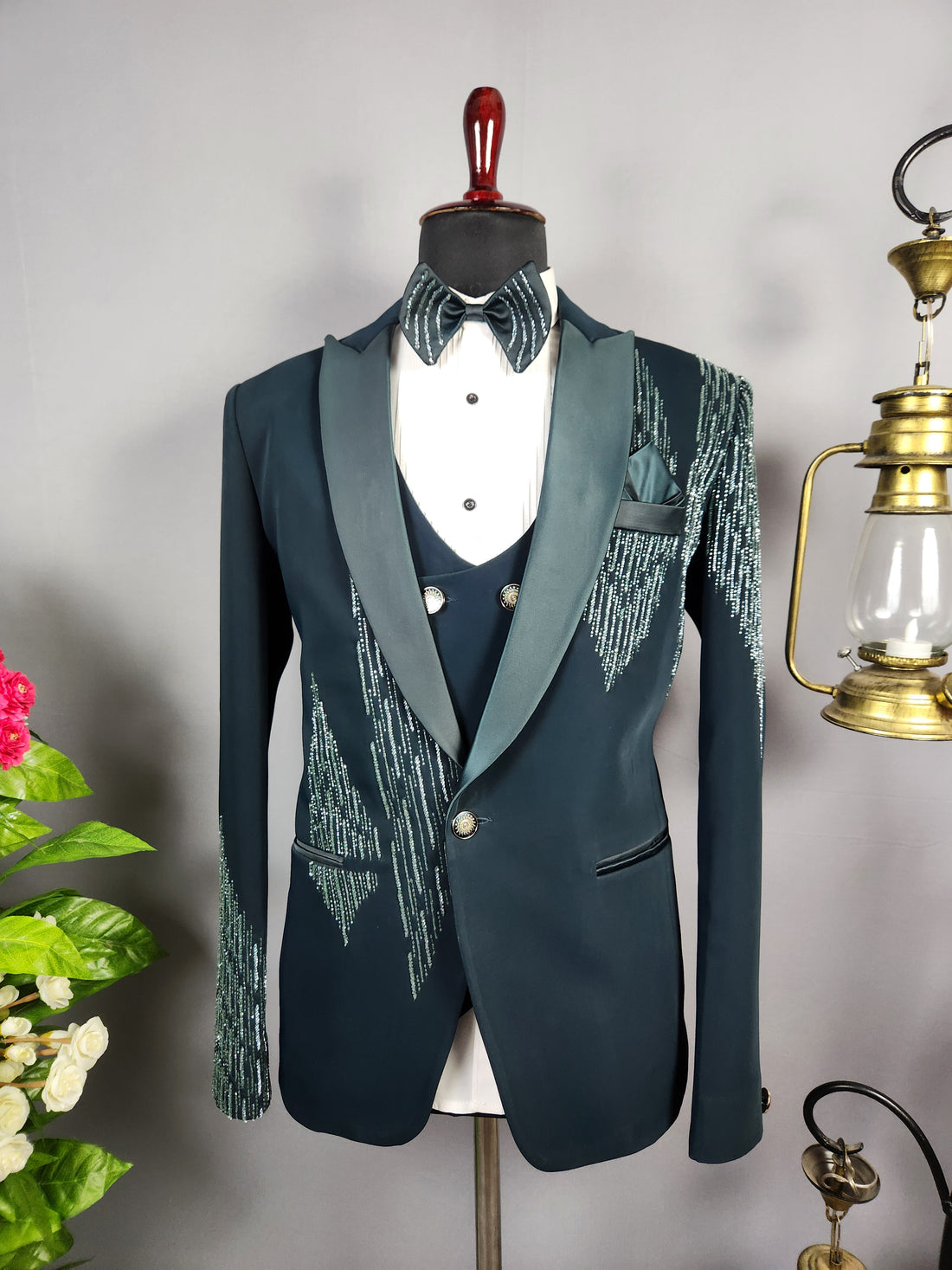 Men's teal green tuxedo suit for Indian groom, perfect for wedding and reception wear
