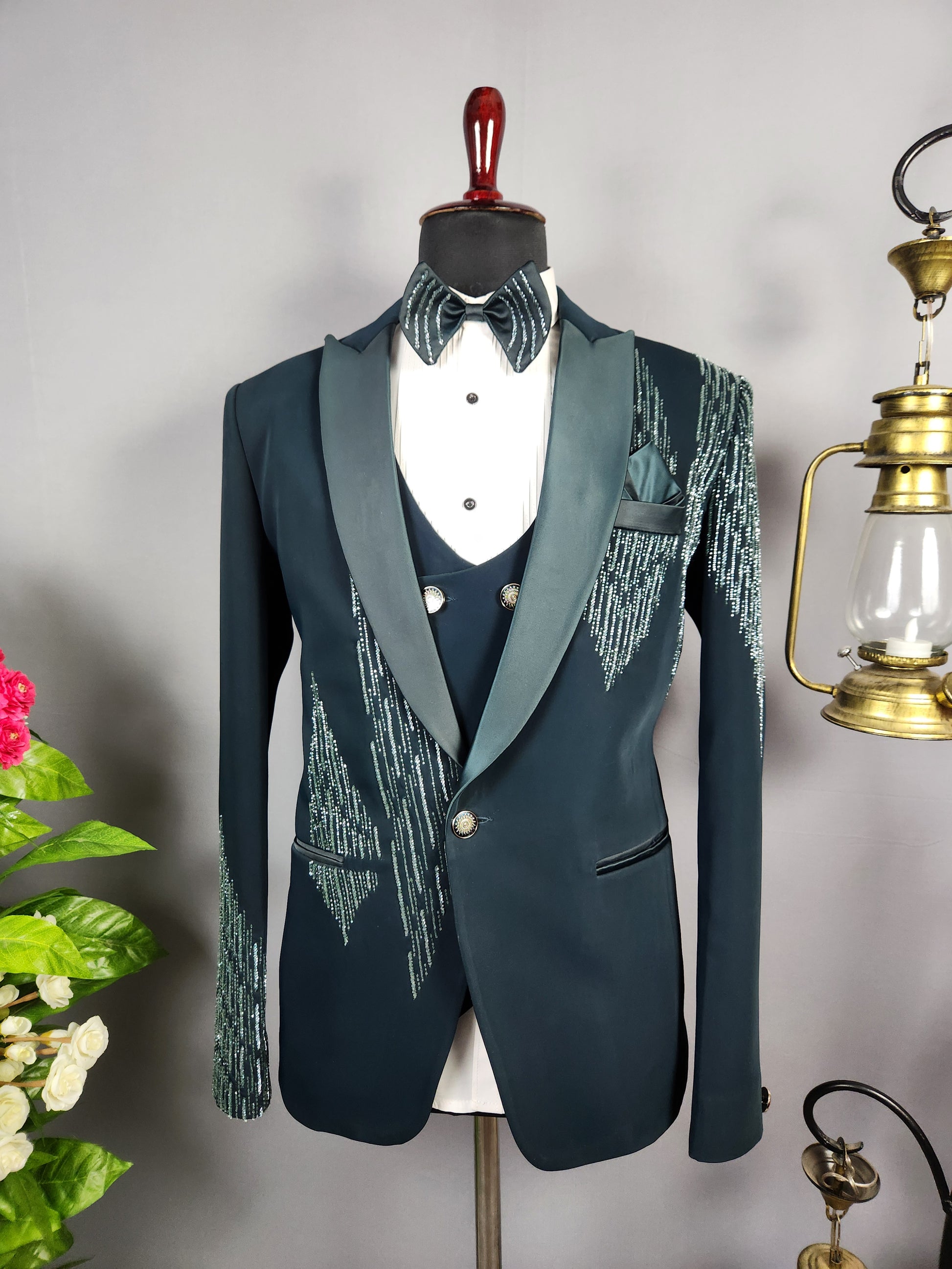 Men's teal green tuxedo suit for Indian groom, perfect for wedding and reception wear

