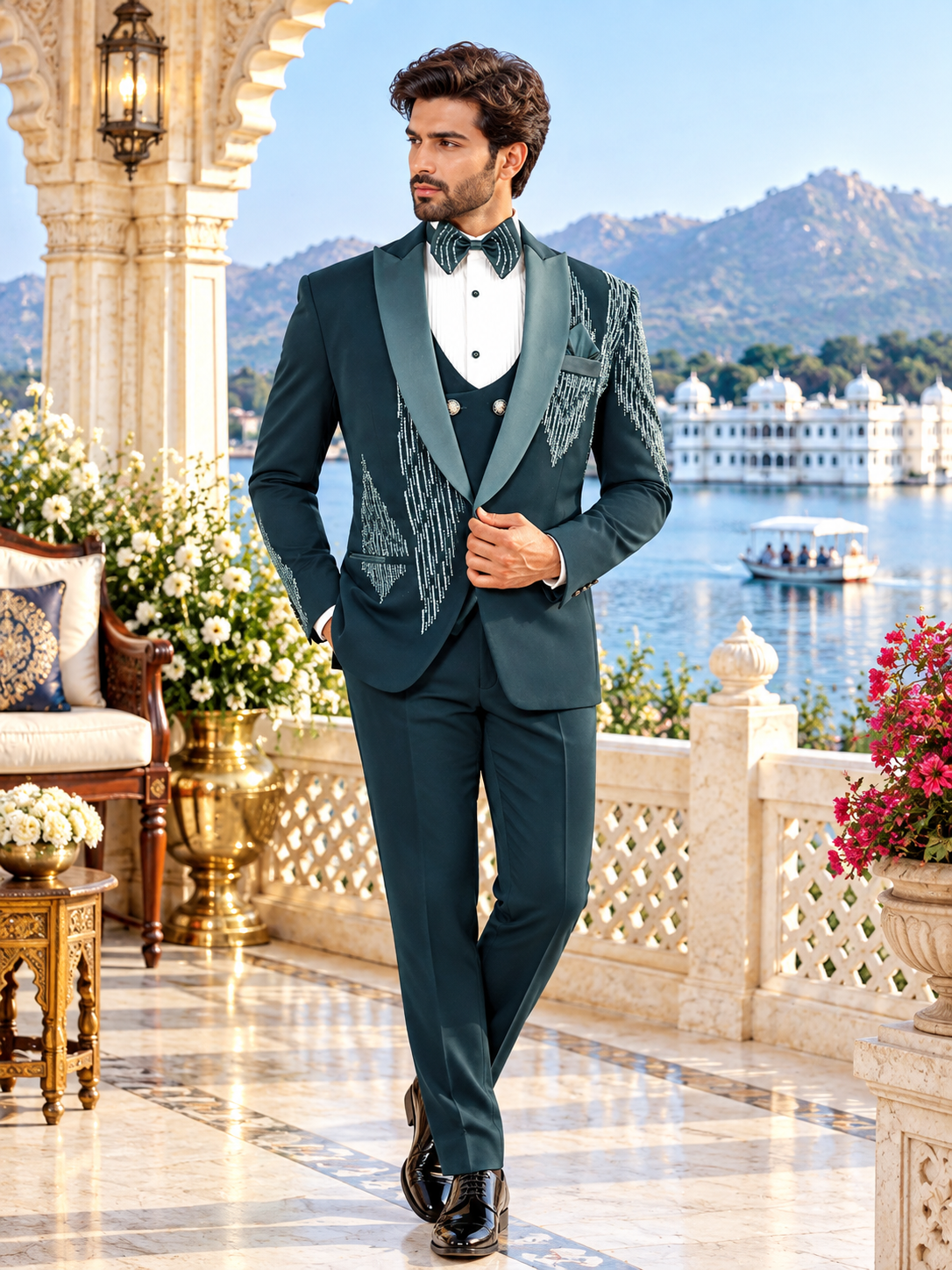 Teal Green Men's Tuxedo Suit for Wedding | Indian Groom Reception Outfit