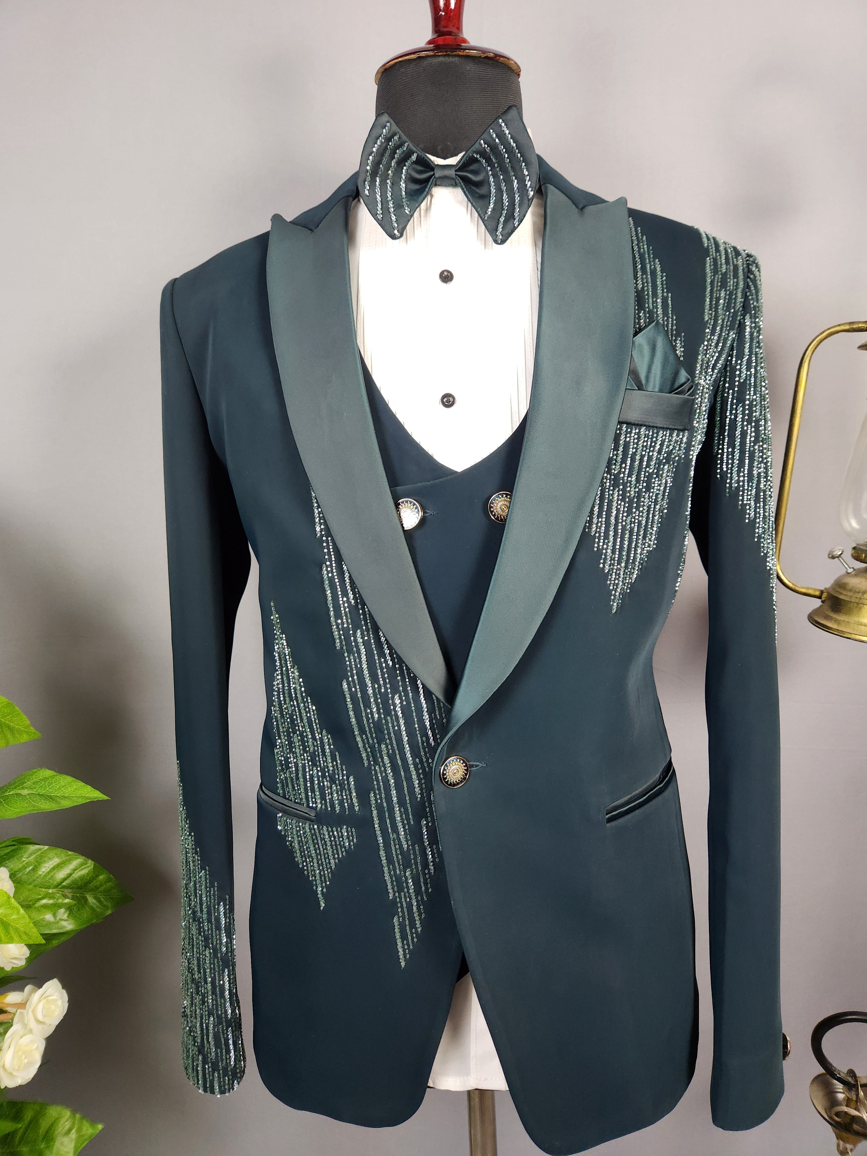 Men's teal green tuxedo suit for Indian groom, perfect for wedding and reception wear
