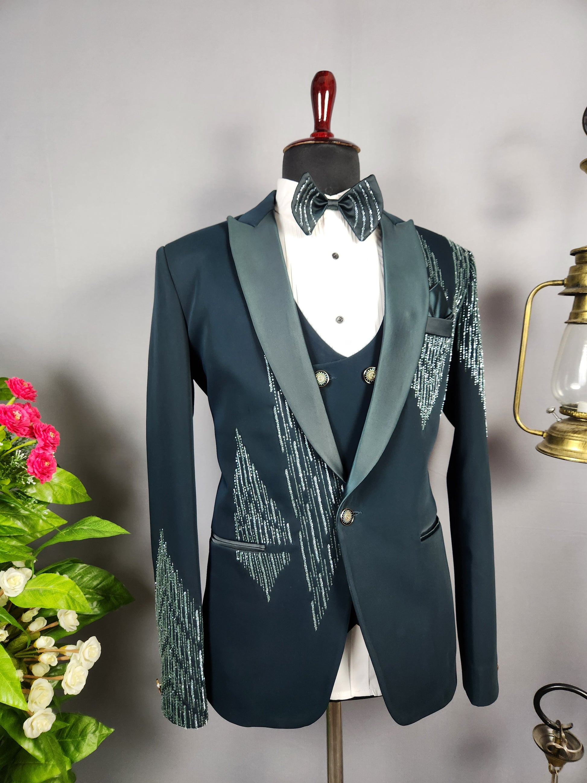 Men's teal green tuxedo suit for Indian groom, perfect for wedding and reception wear
