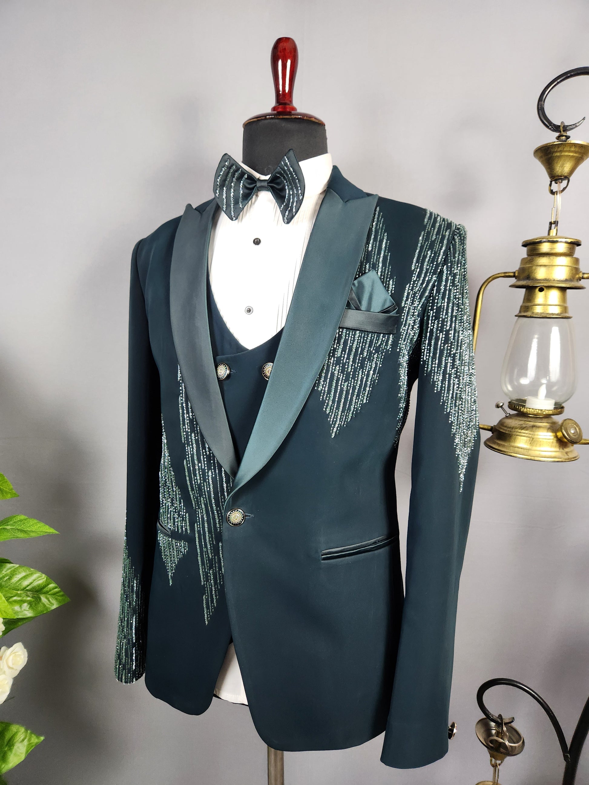 Men's teal green tuxedo suit for Indian groom, perfect for wedding and reception wear
