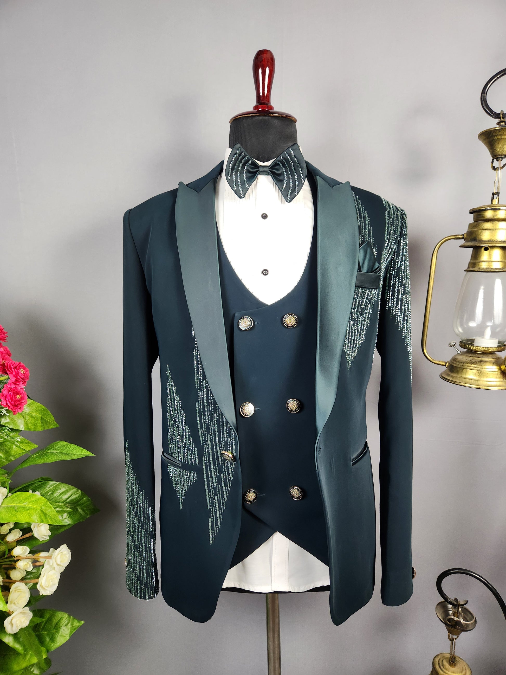 Men's teal green tuxedo suit for Indian groom, perfect for wedding and reception wear
