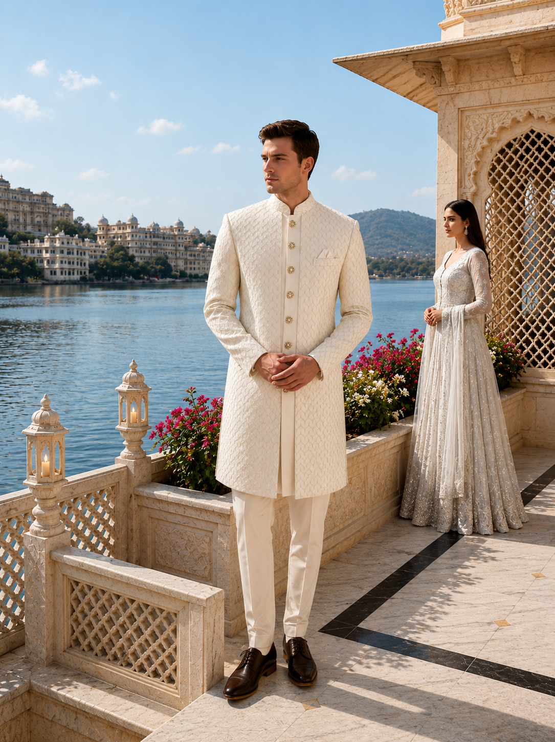 White Indo-Western Sherwani for Men | Indian Groom Wedding Outfit