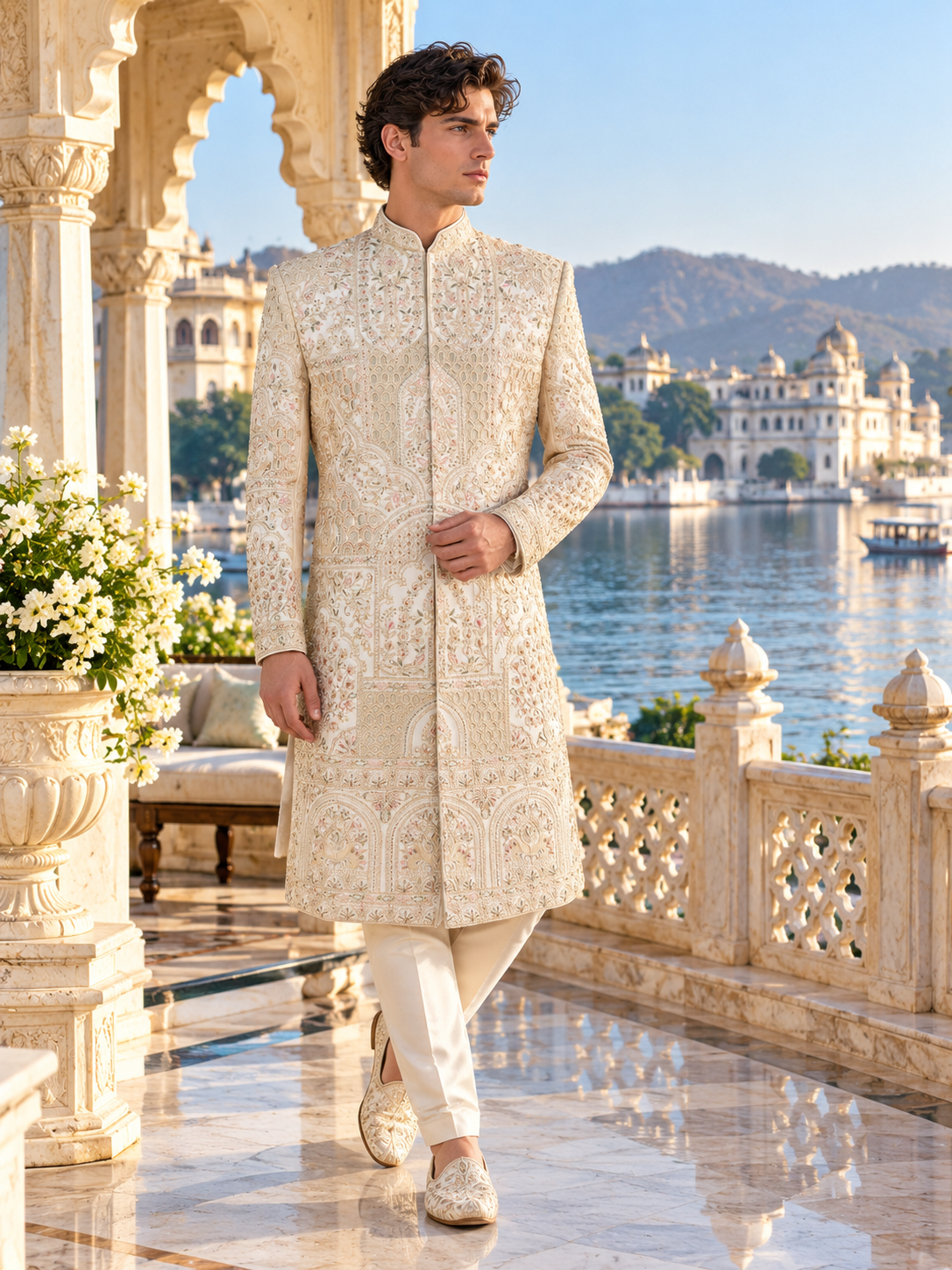 White Wedding Groom Sherwani - Laser Cut Work | Sherwani For Men