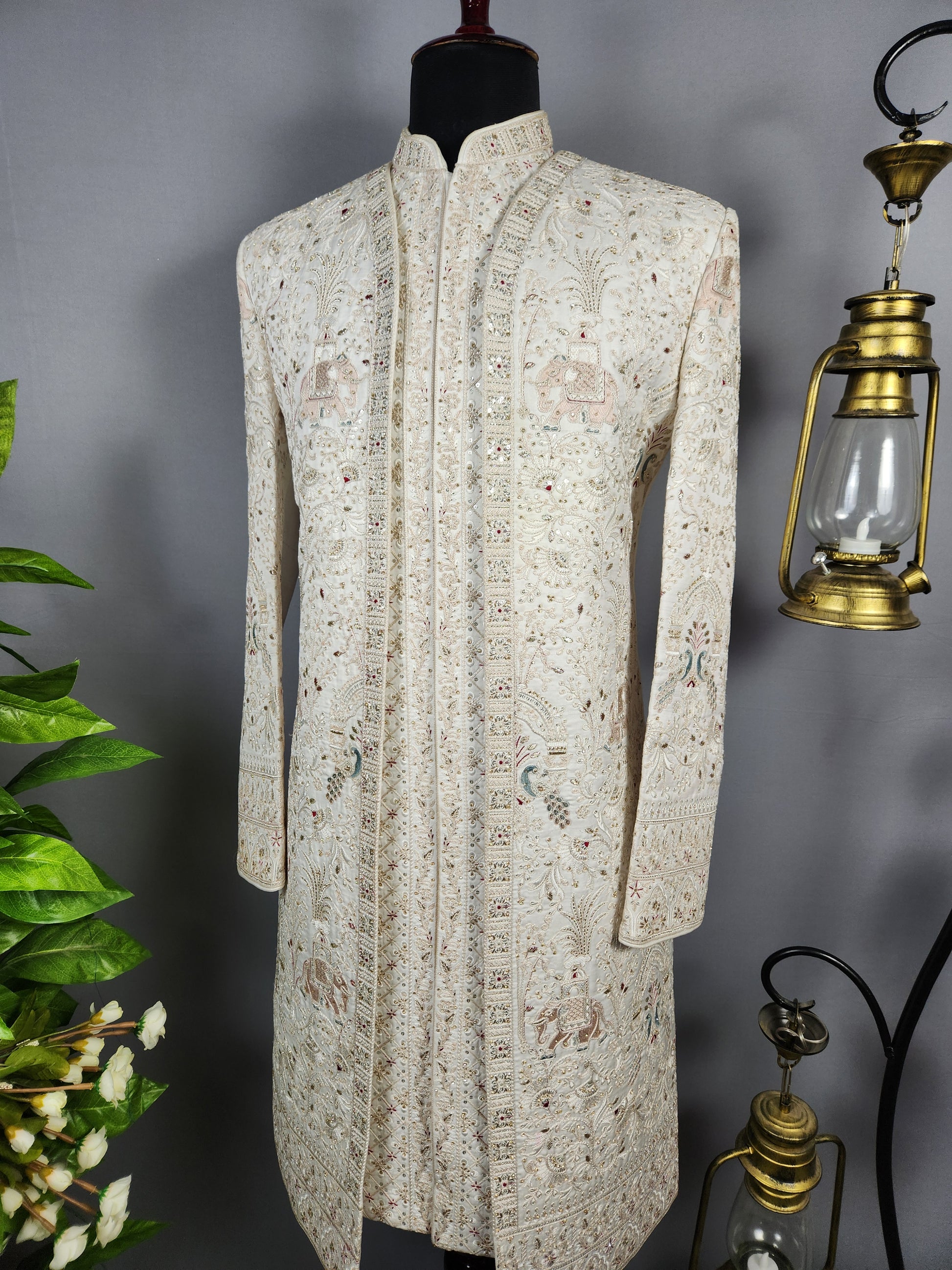 White Sherwani for Groom Peacock Design -   Indian Wedding Outfit for Men

