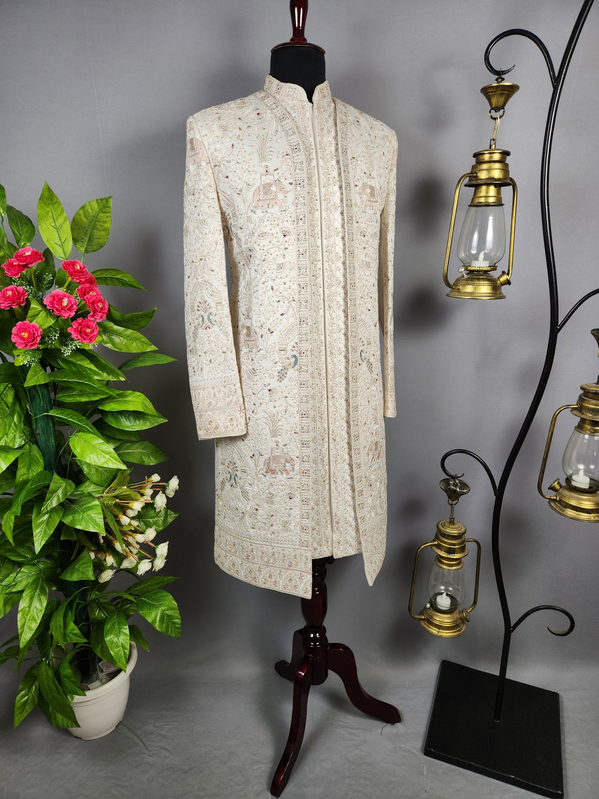 White Sherwani for Groom Peacock Design -   Indian Wedding Outfit for Men
