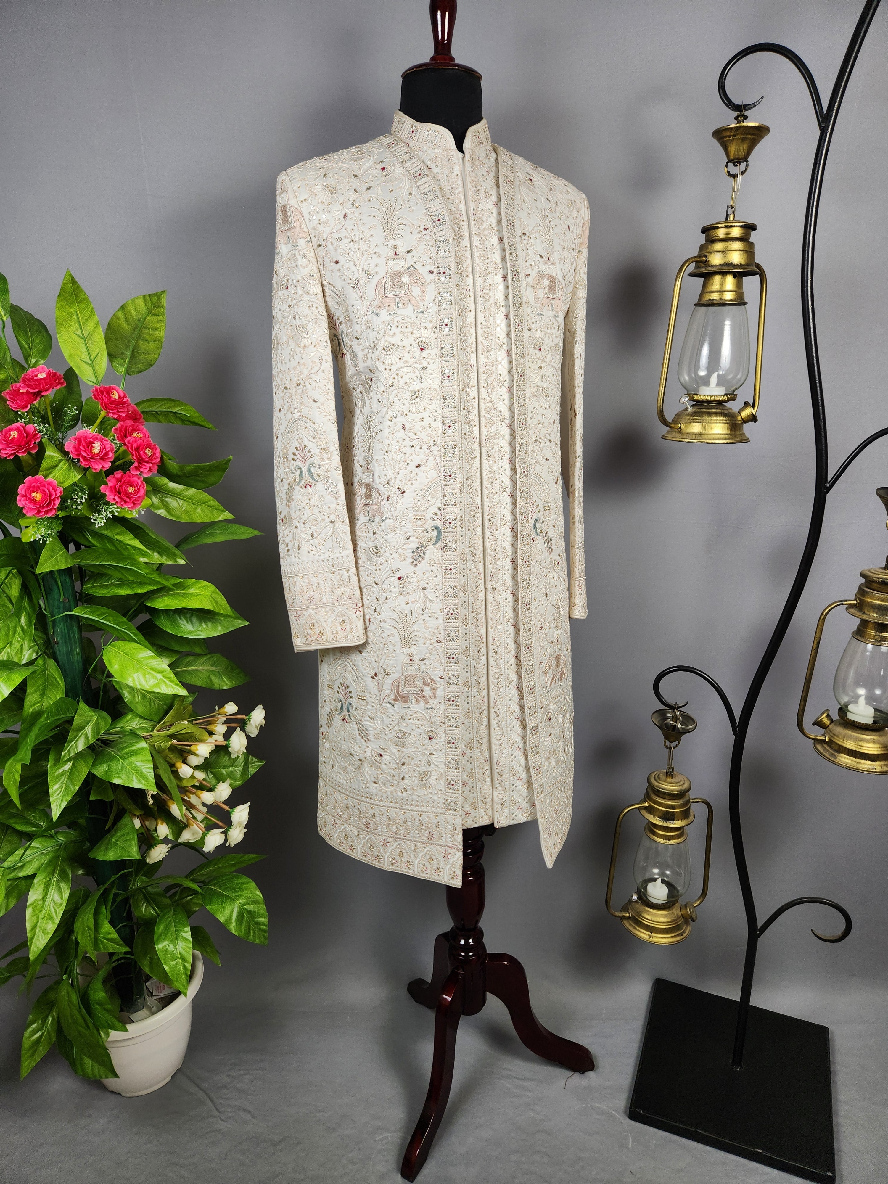 White Sherwani for Groom Peacock Design -   Indian Wedding Outfit for Men
