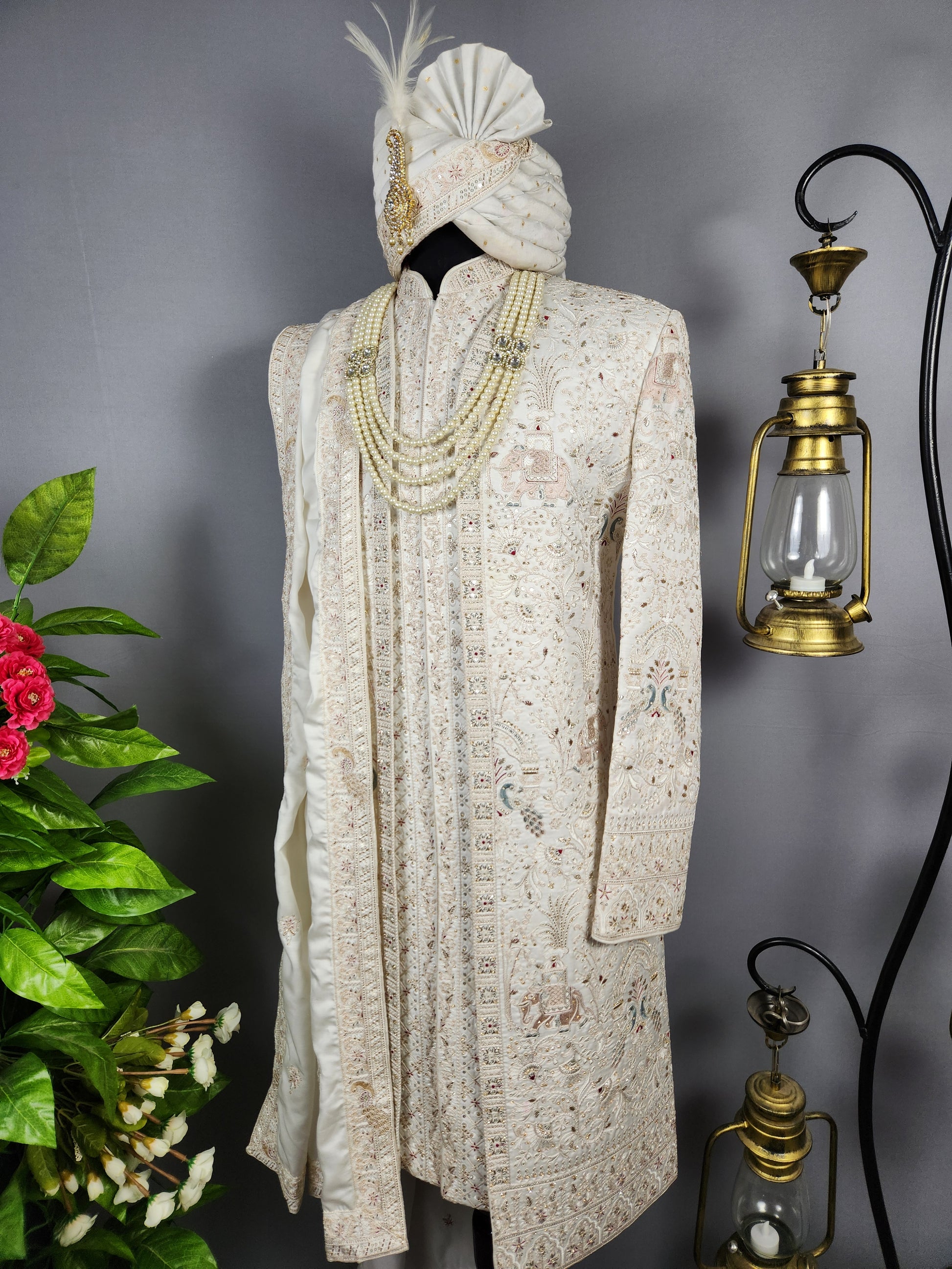 White Sherwani for Groom Peacock Design -   Indian Wedding Outfit for Men
