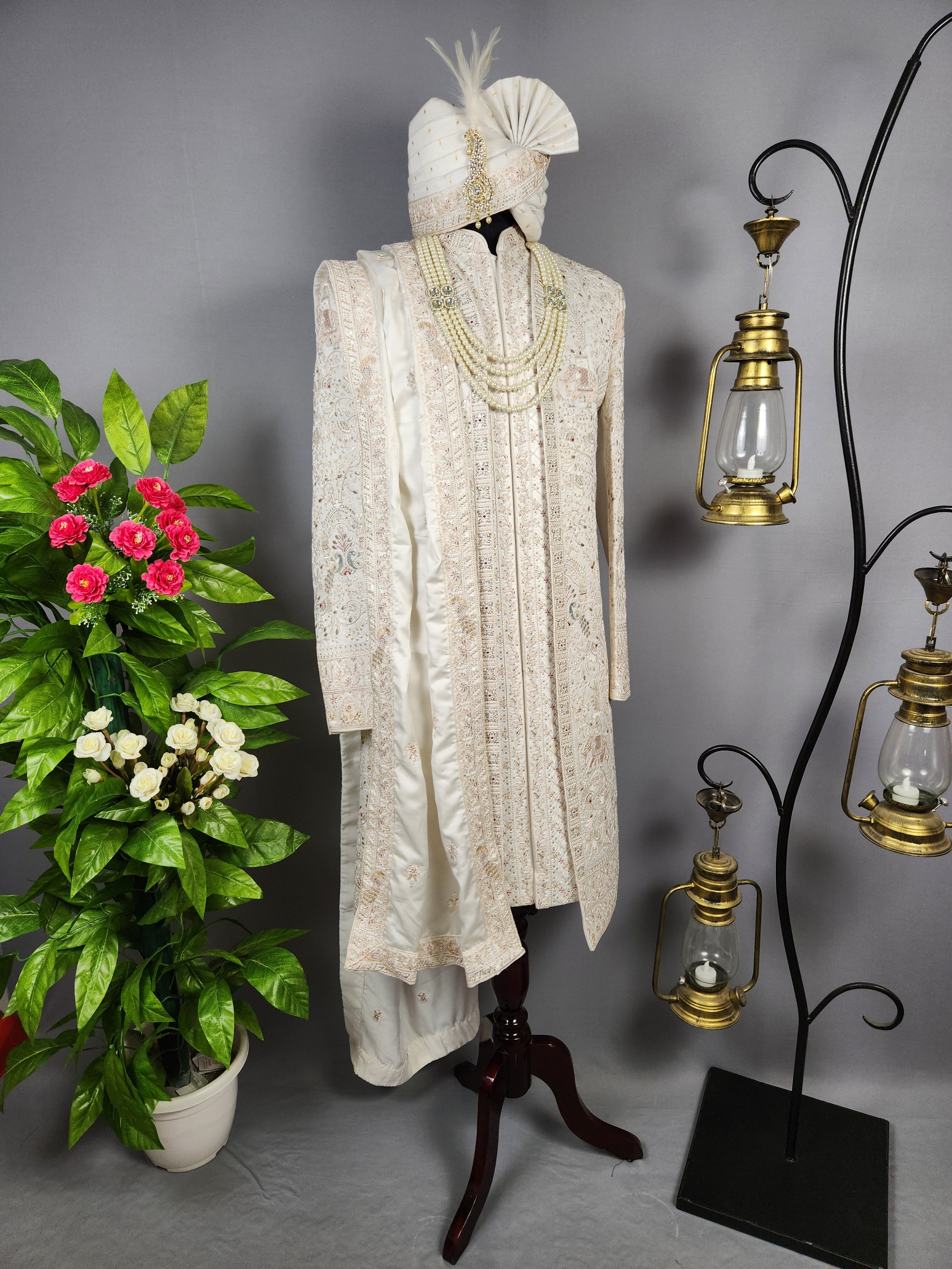 White Sherwani for Groom Peacock Design -   Indian Wedding Outfit for Men
