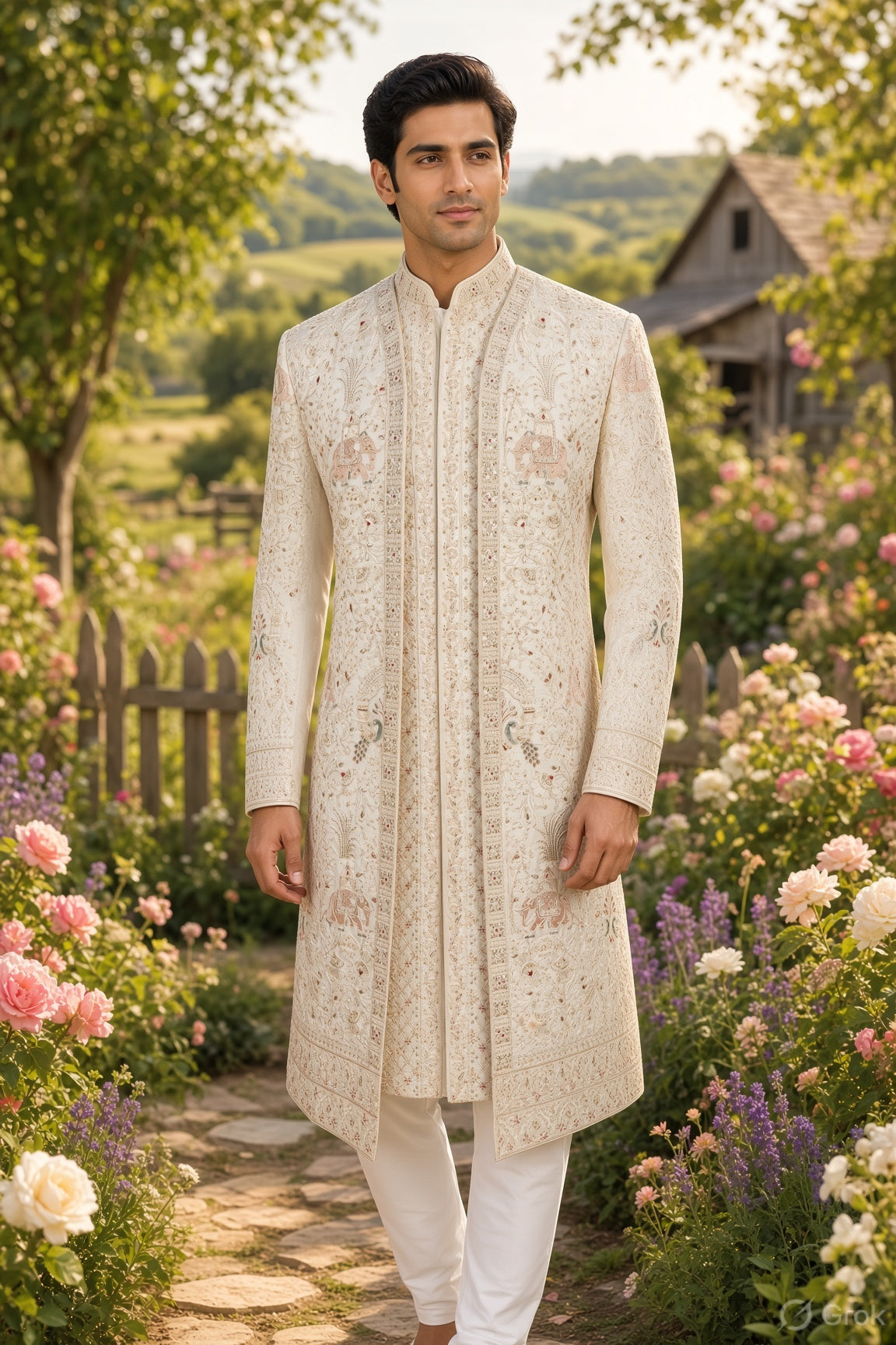 White Wedding Groom Sherwani - Peacock Design | Sherwani For Men