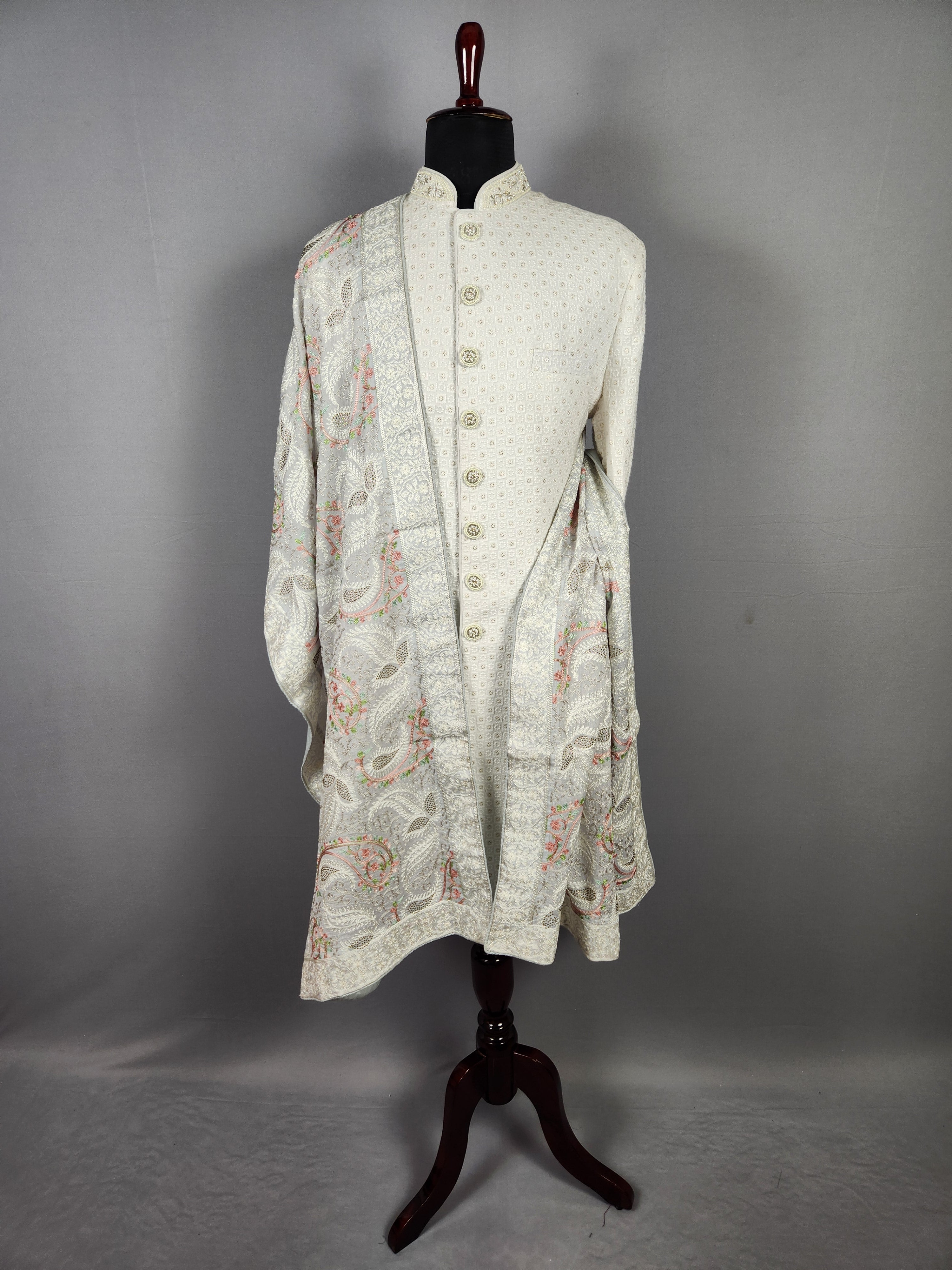 White Groom  Shawl - White Chikankari Wedding Shawl