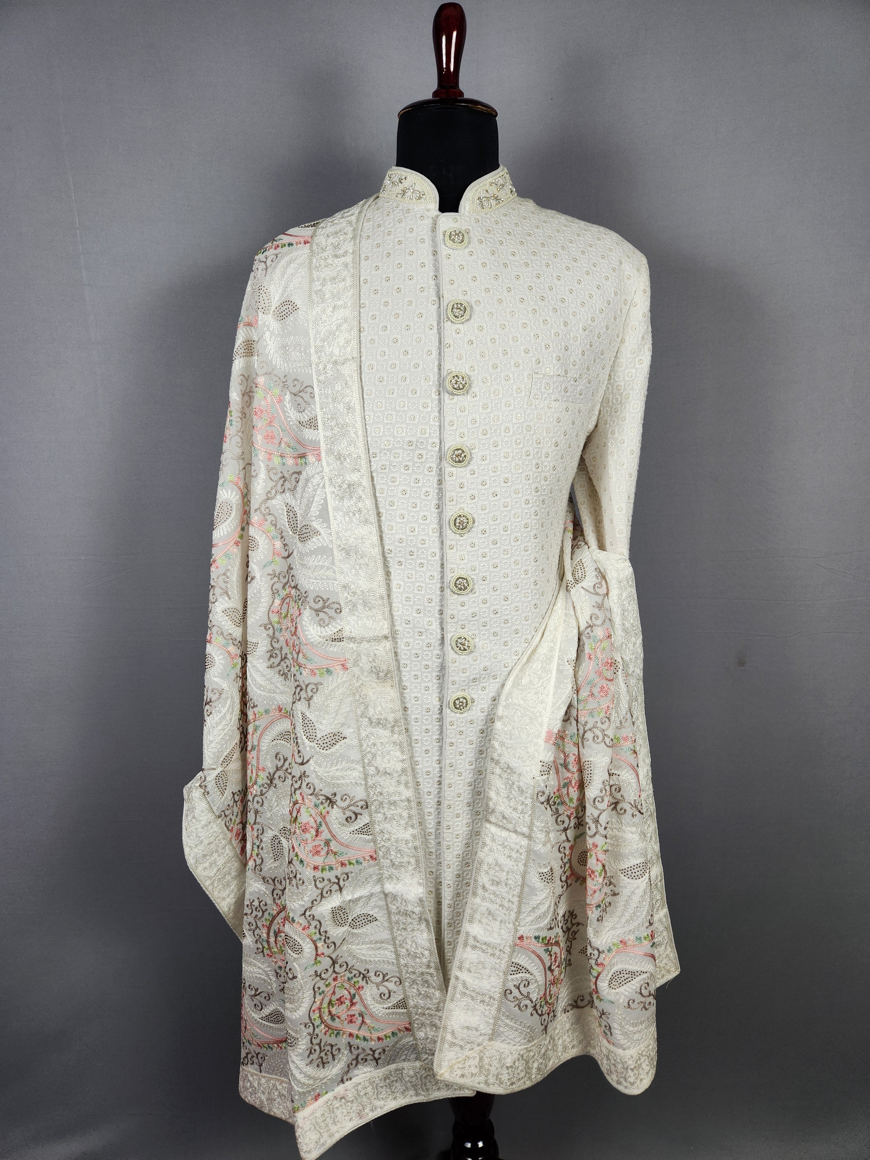 White Groom  Shawl - White Chikankari Wedding Shawl