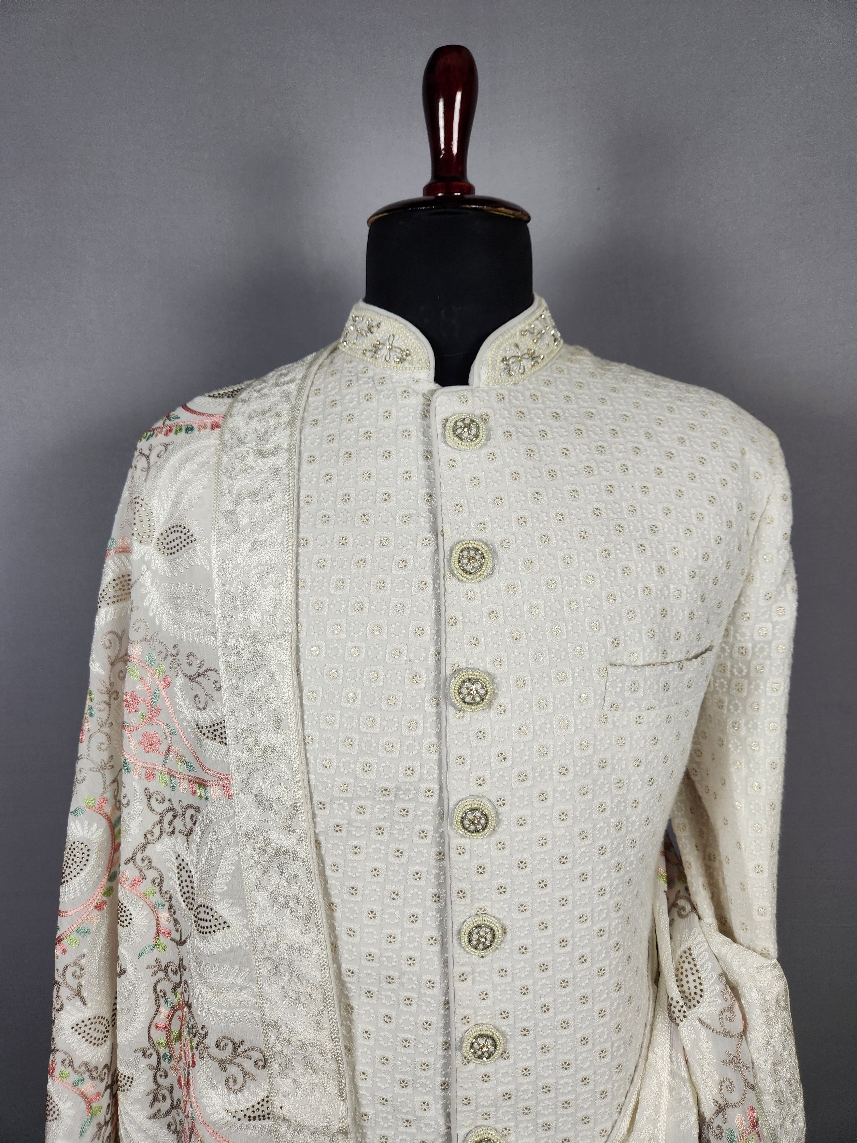 White Groom  Shawl - White Chikankari Wedding Shawl
