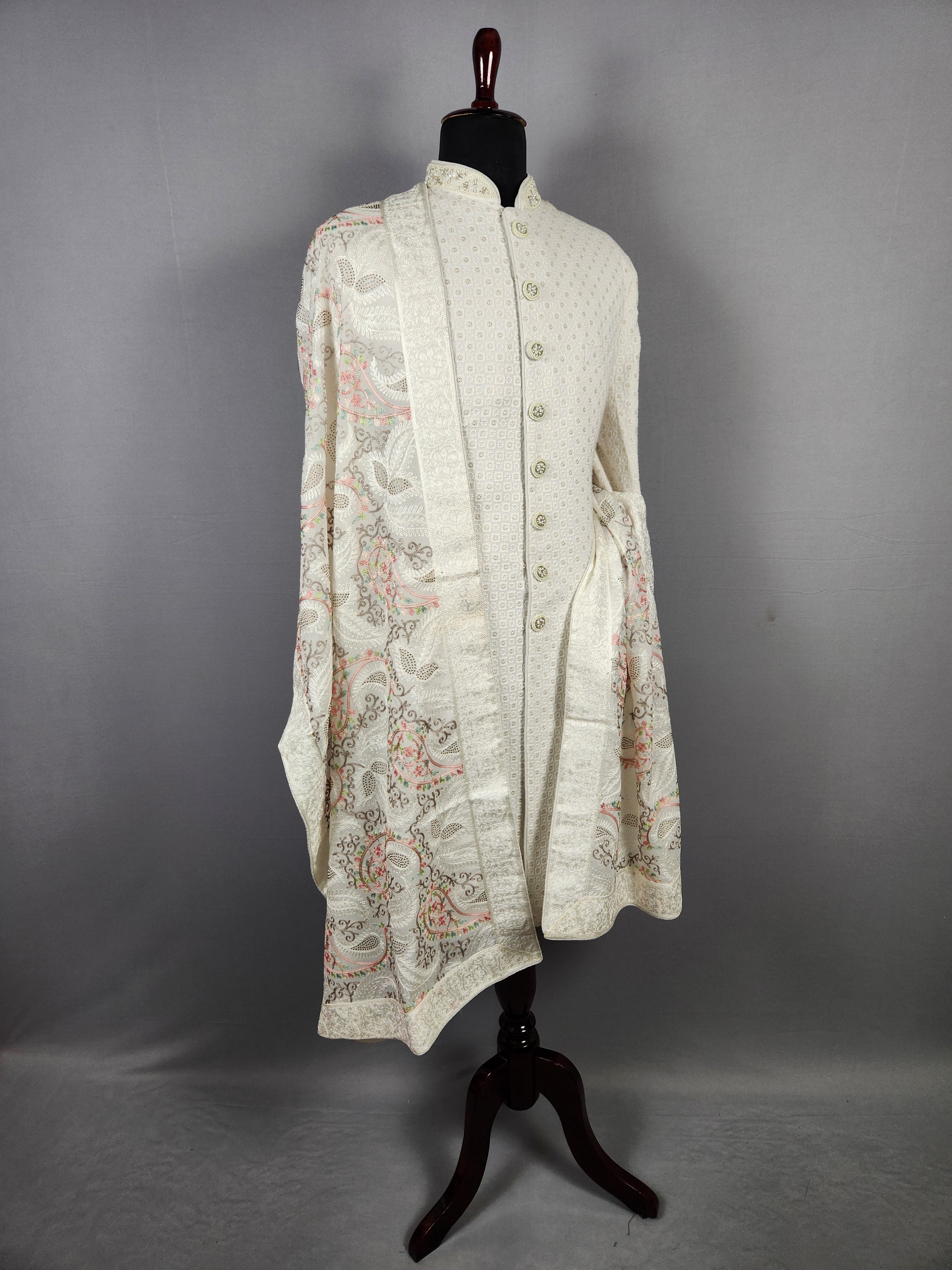 White Groom  Shawl - White Chikankari Wedding Shawl