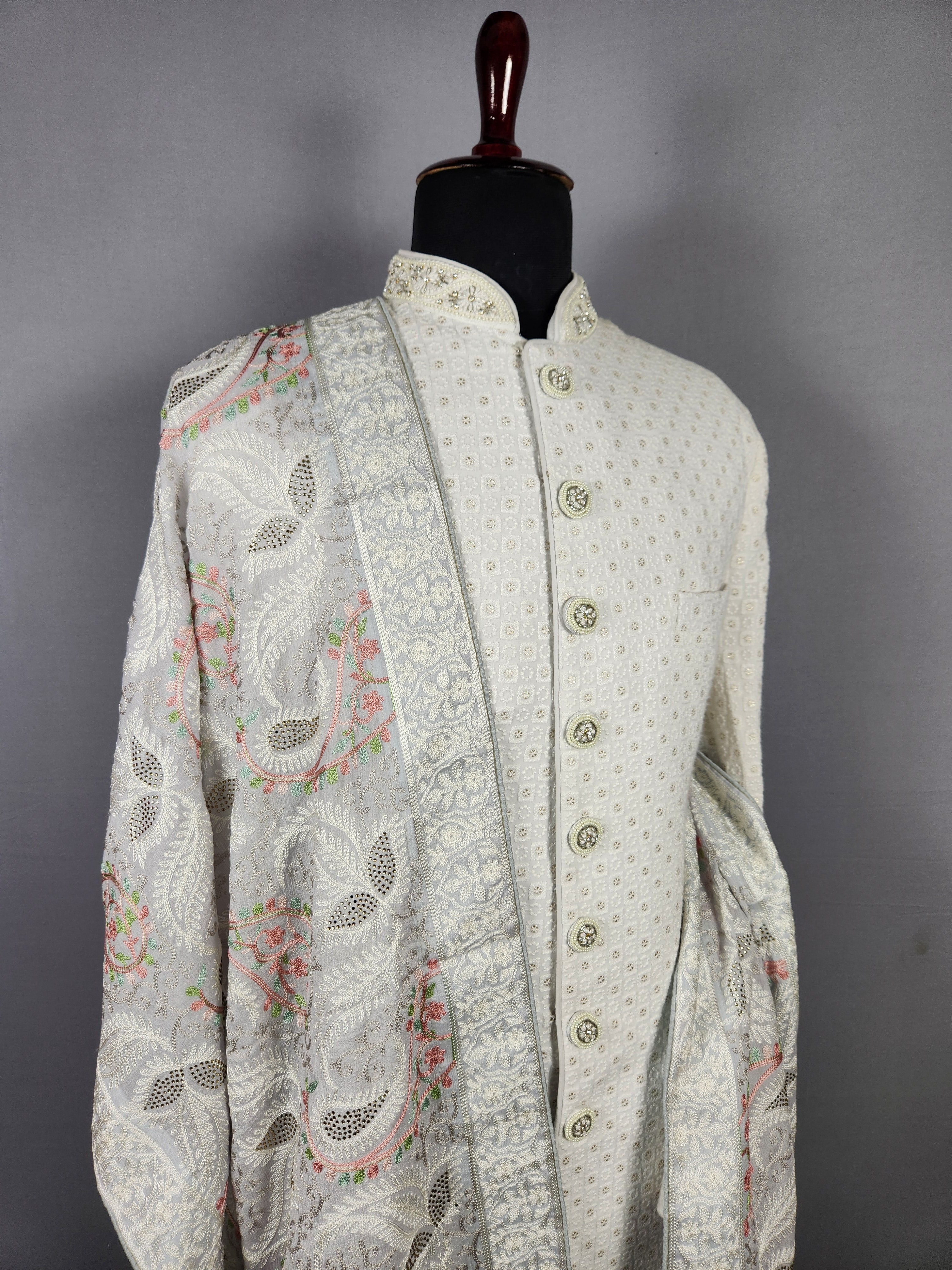 White Groom  Shawl - White Chikankari Wedding Shawl