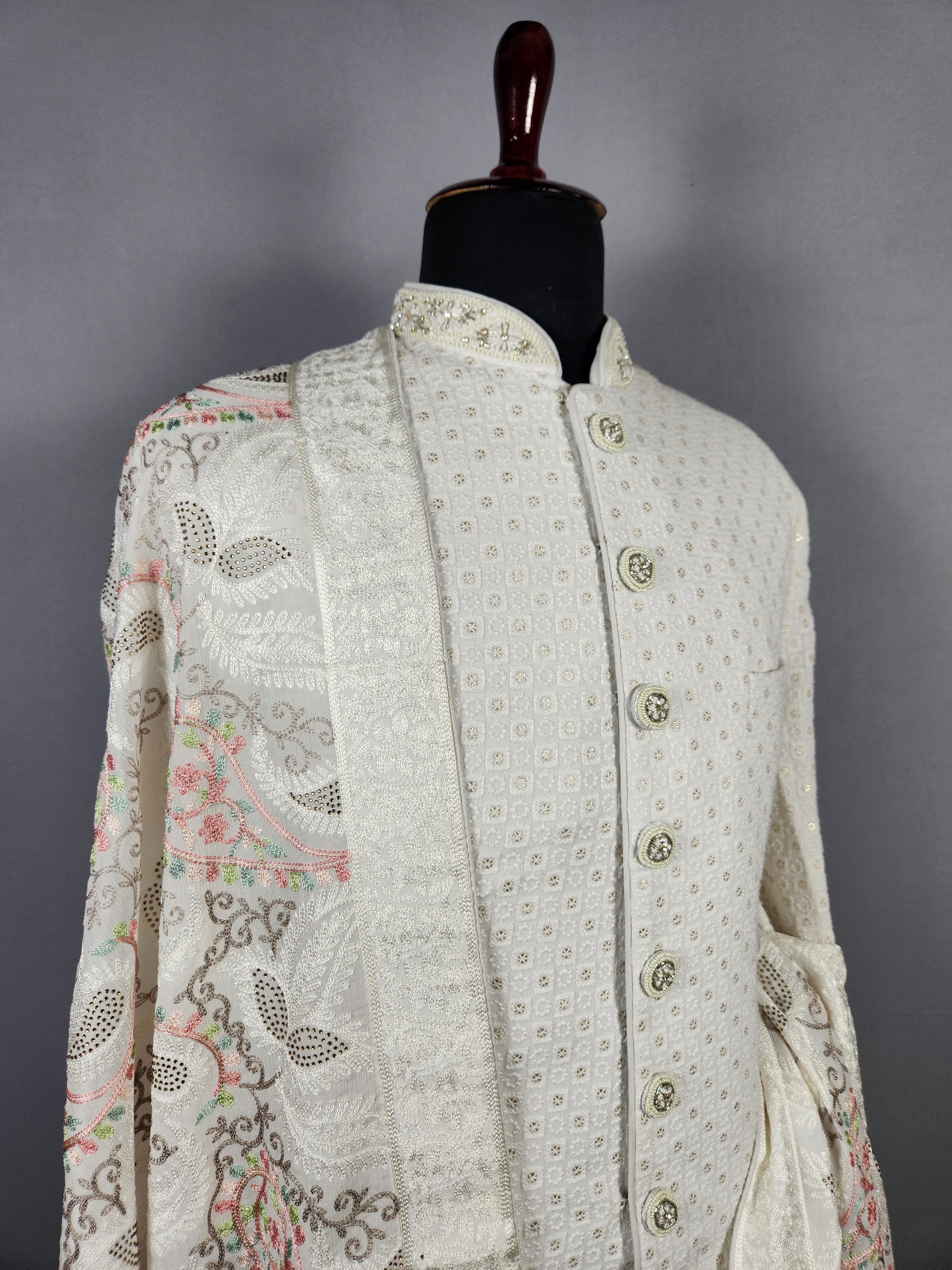 White Groom  Shawl - White Chikankari Wedding Shawl