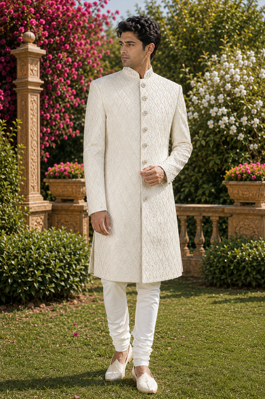 White Wedding Groom Sherwani - Zarkan Work | Sherwani For Men