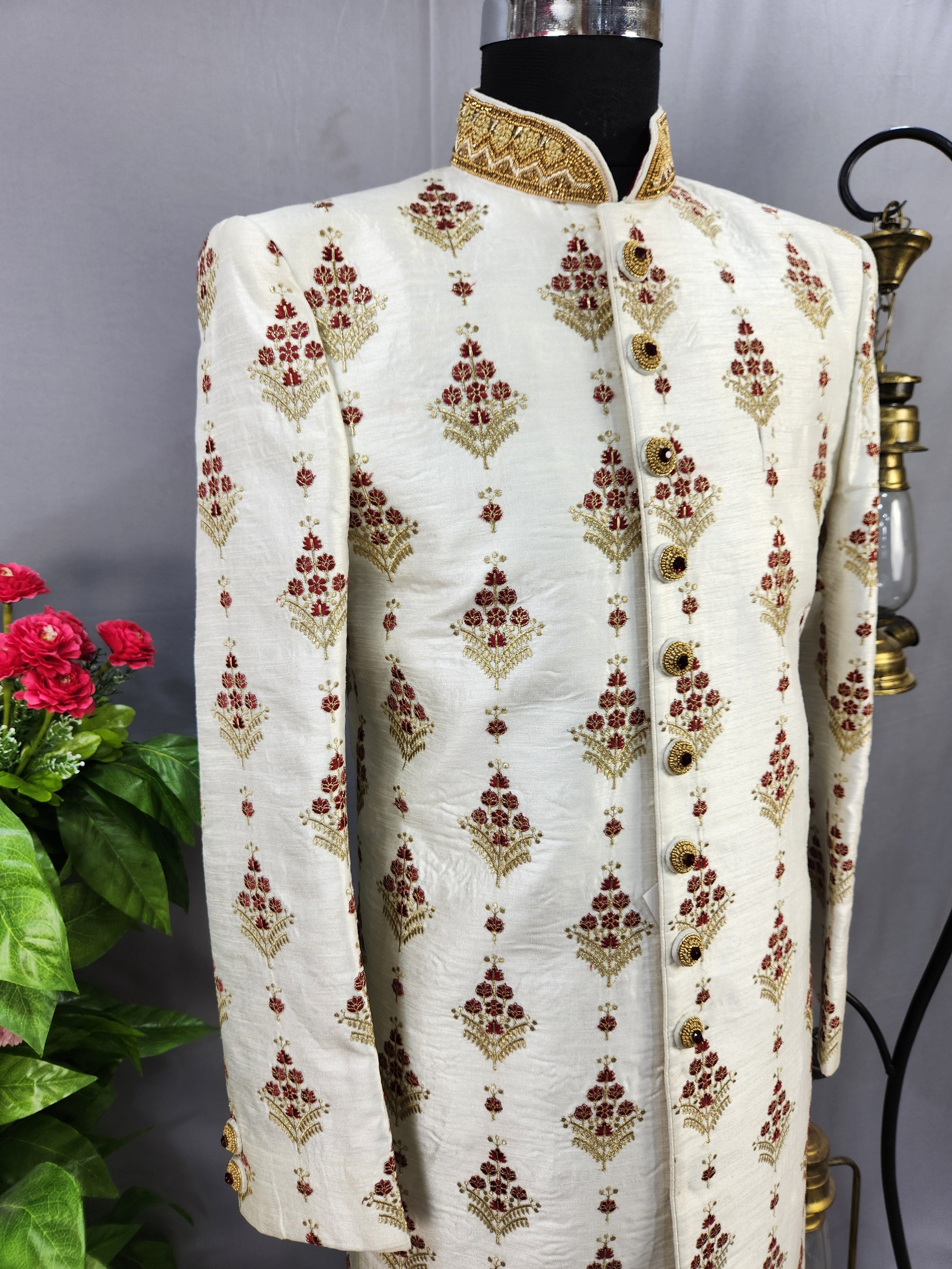 White Wedding Groom Sherwani  with Red Floral embroidery 