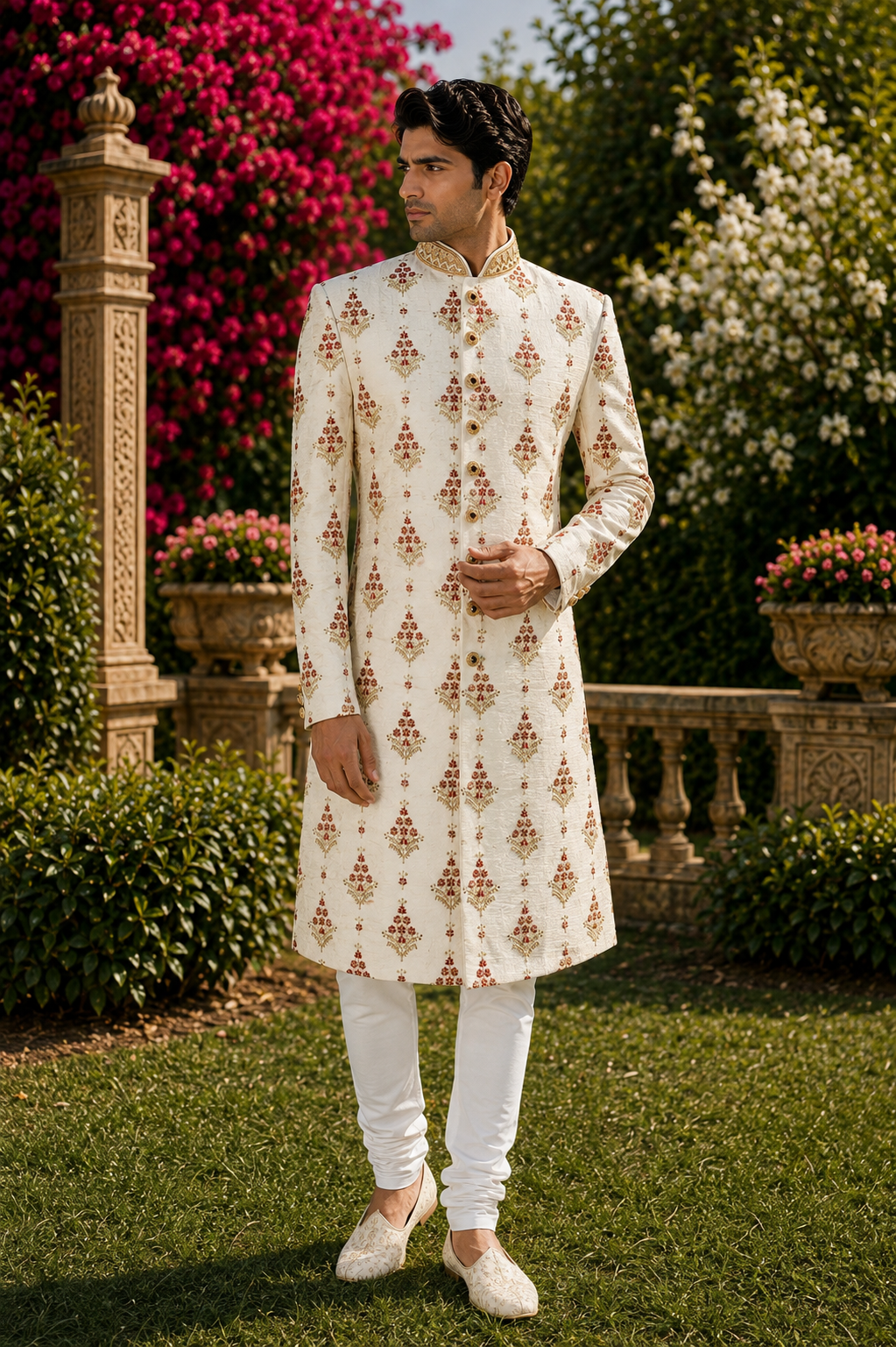 White Wedding Groom Sherwani - Red Floral Accents | Sherwani For Men