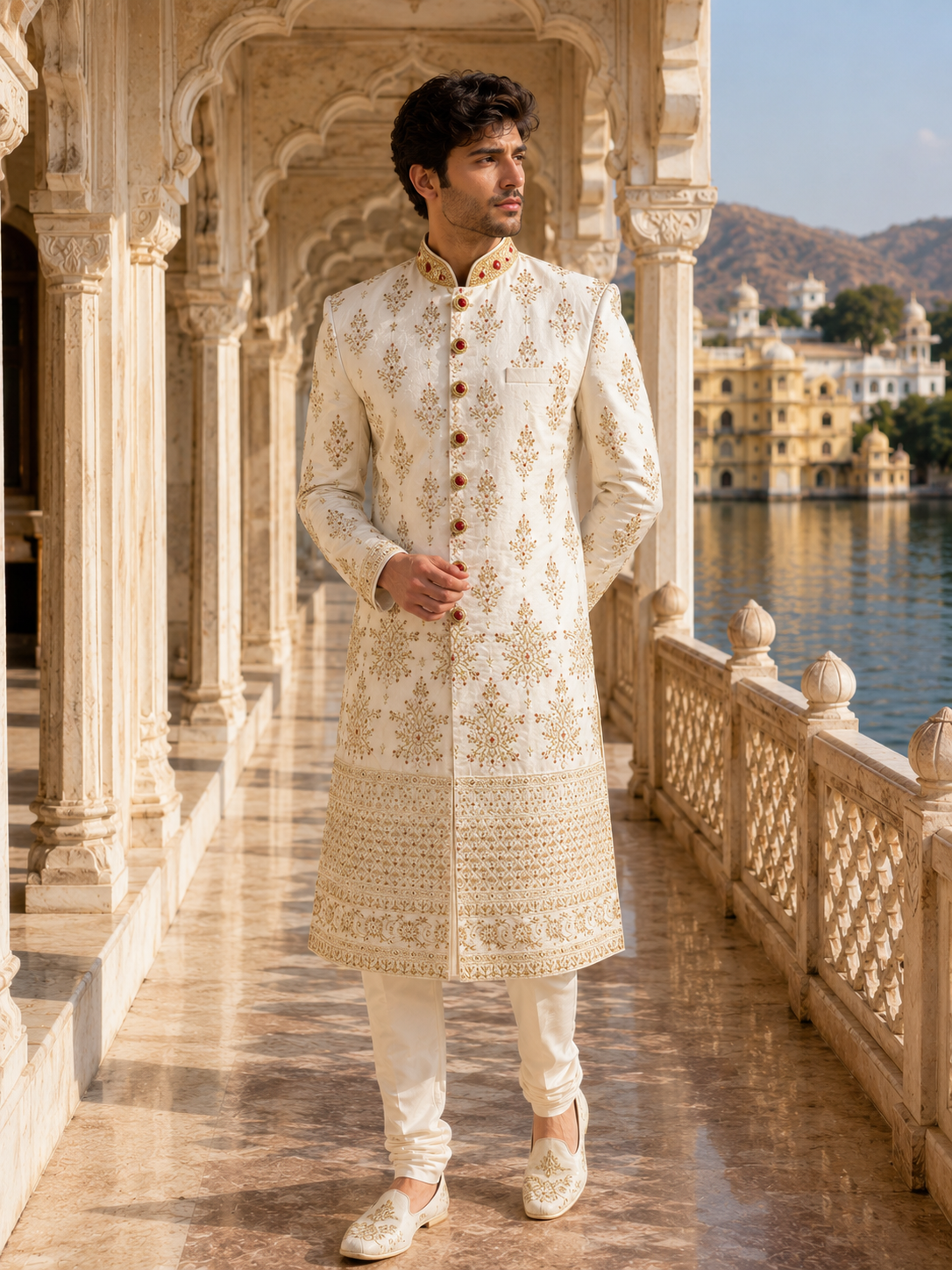 White Wedding Groom Sherwani - Red Embroidery, Golden Zarkan | Sherwani For Men