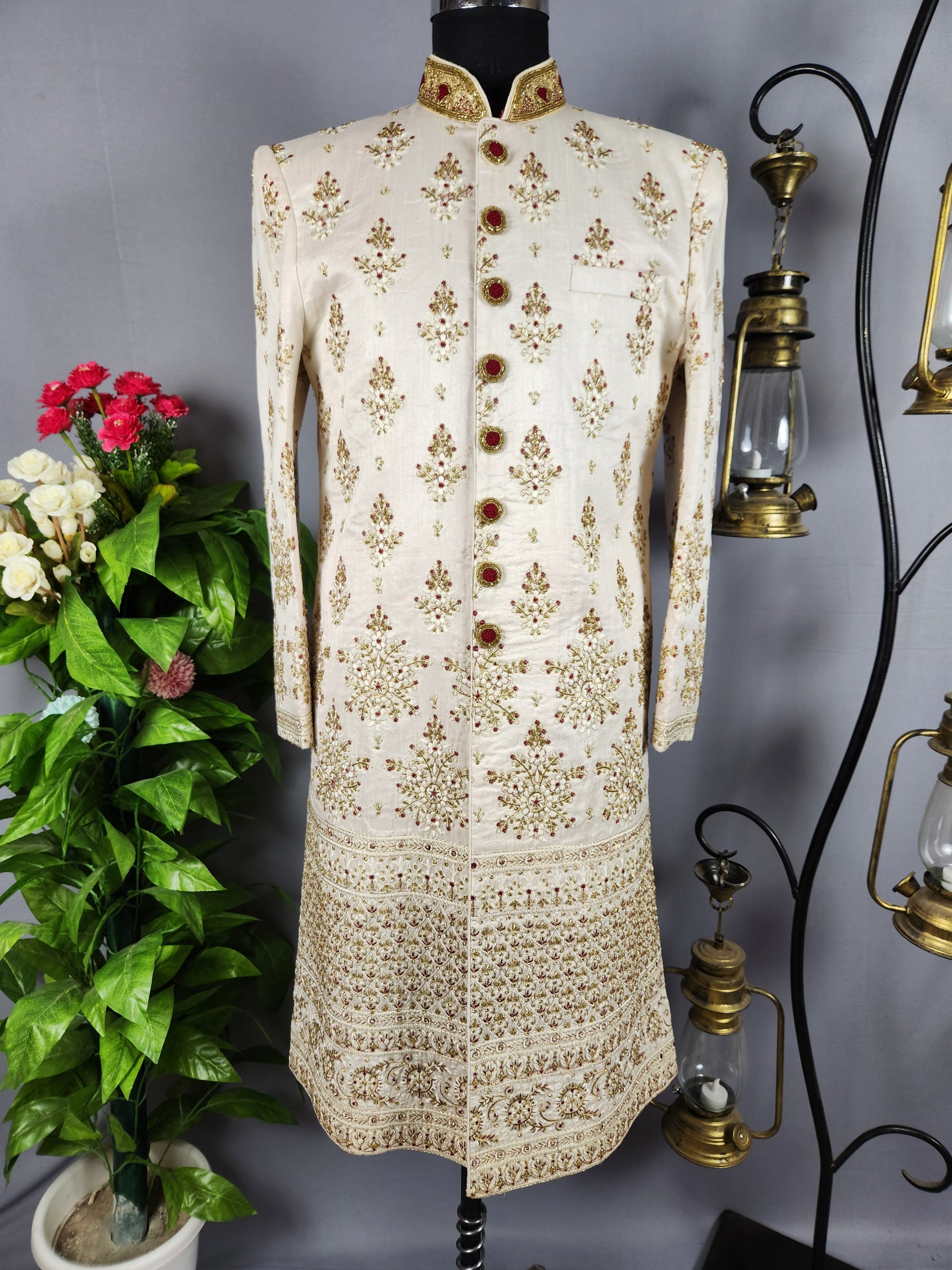 White Wedding Groom Sherwani with Red Embroidery, Golden Zarkan
