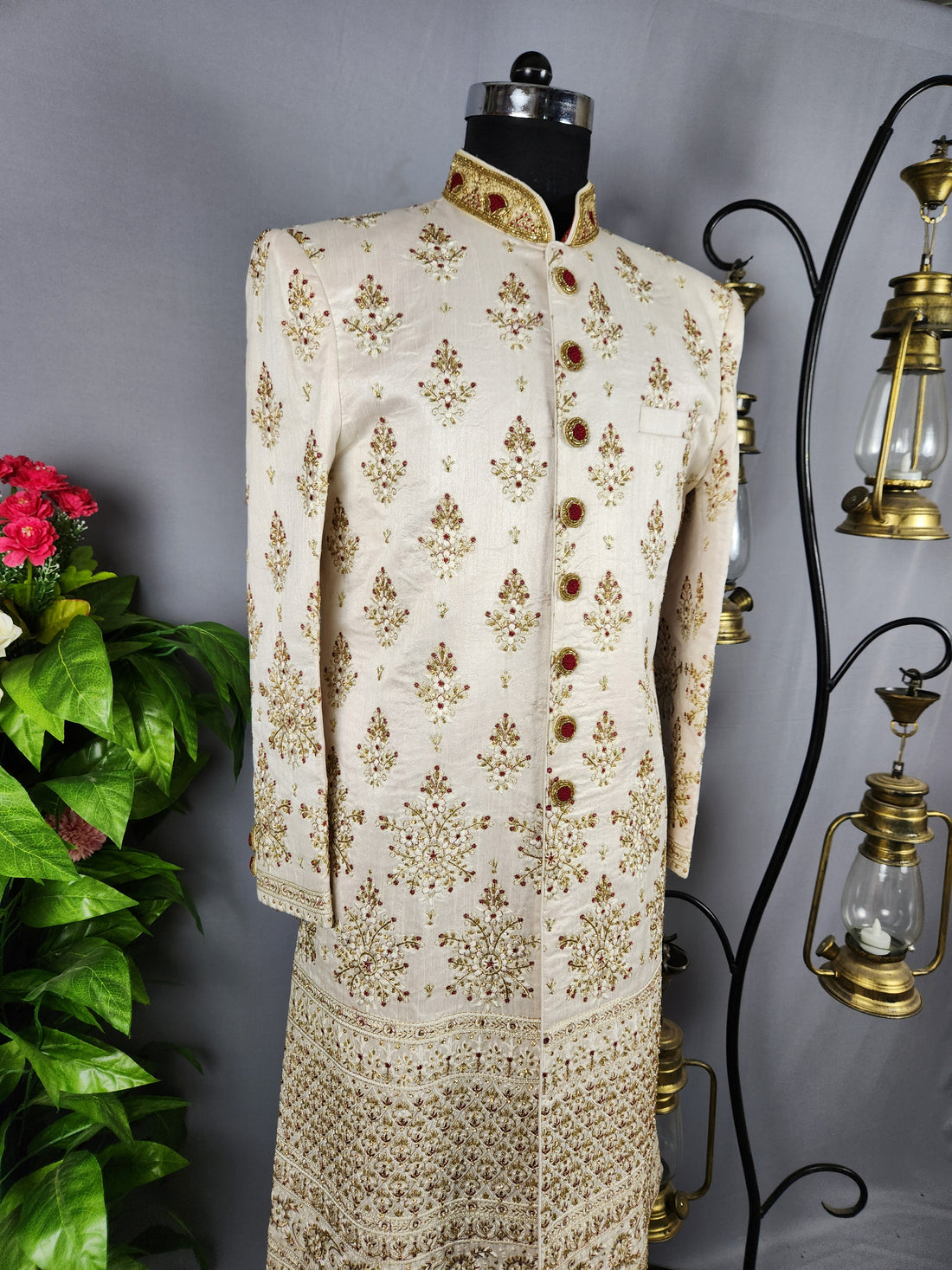 White Wedding Groom Sherwani with Red Embroidery, Golden Zarkan
