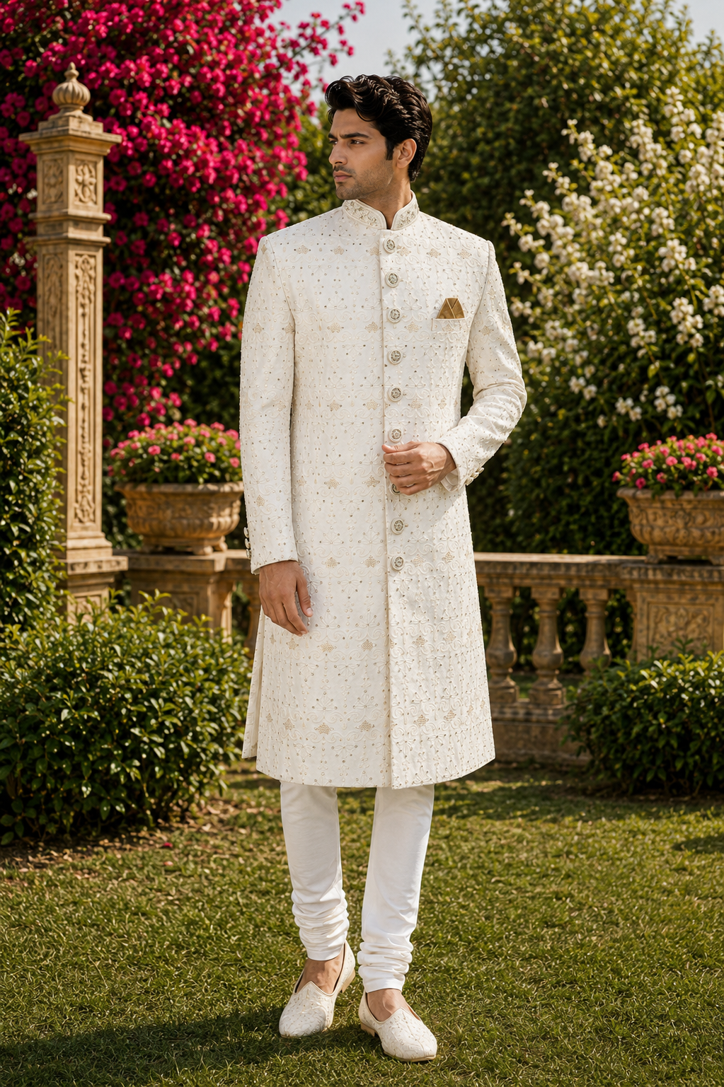 White Wedding Groom Sherwani - Zarkan Work | Sherwani For Men