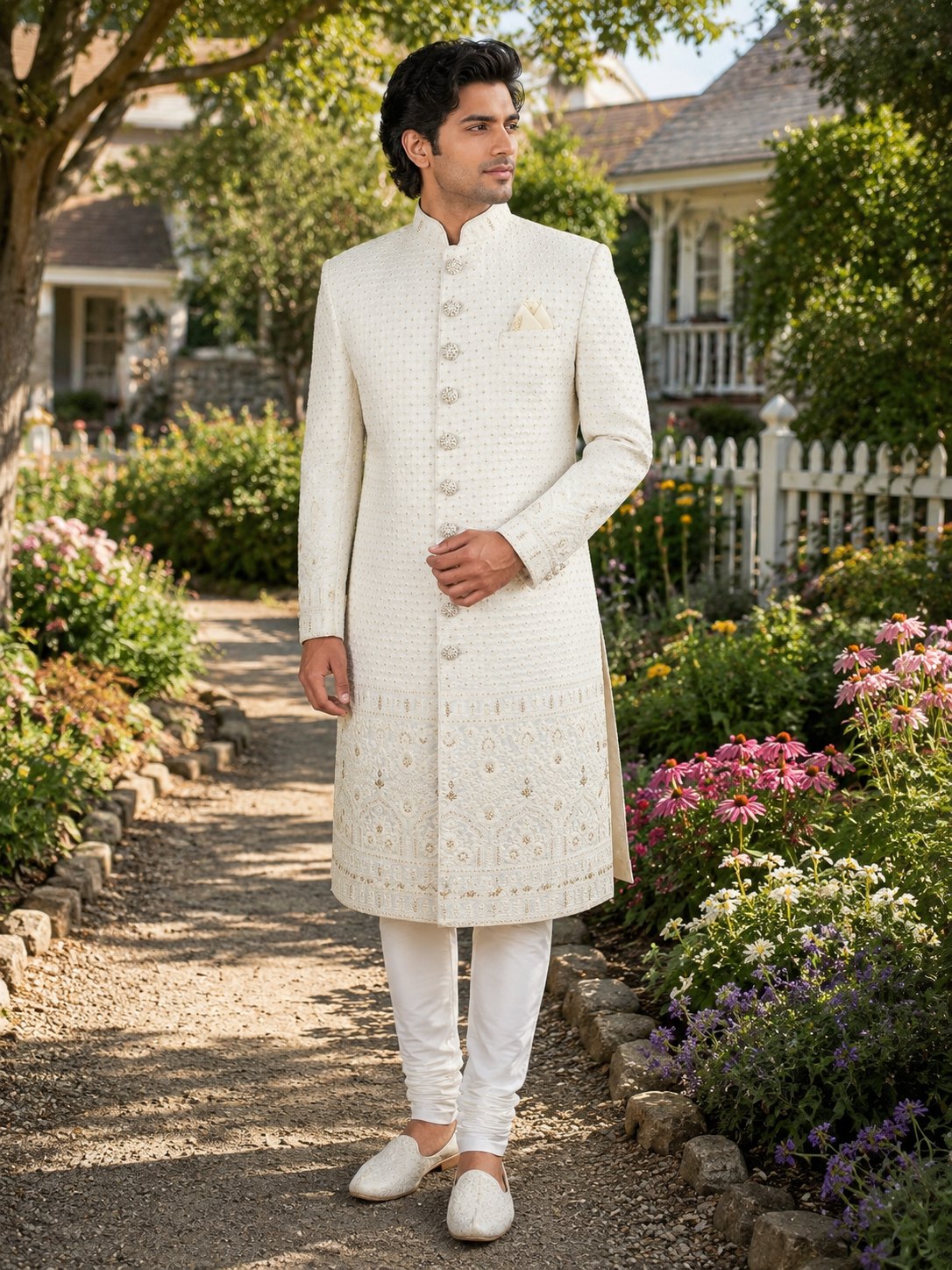 White Wedding Groom Sherwani - Sequin Work | Sherwani For Men
