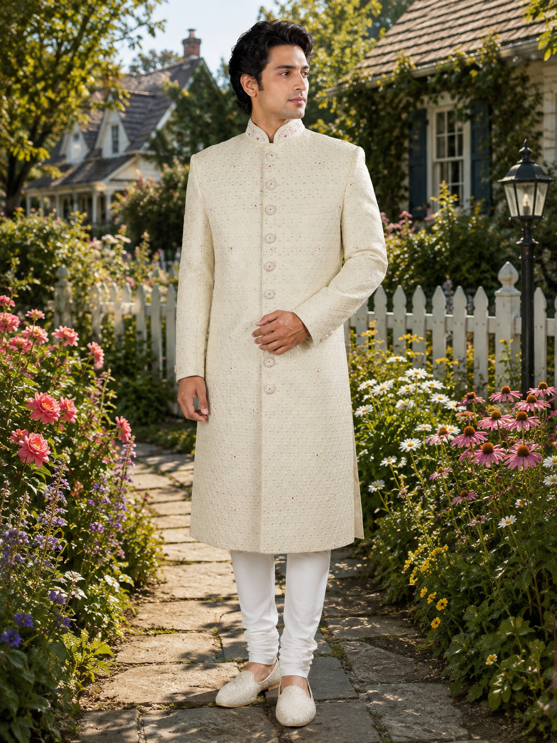 White Wedding Groom Sherwani - Red Accent | Sherwani For Men
