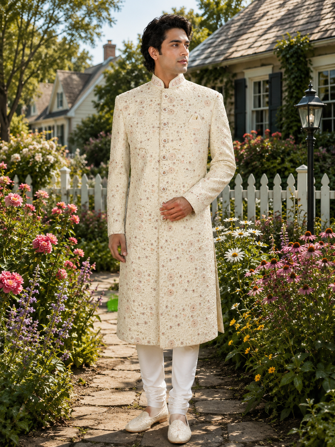 Off-White Wedding Groom Sherwani - Red Accent | Sherwani For Men