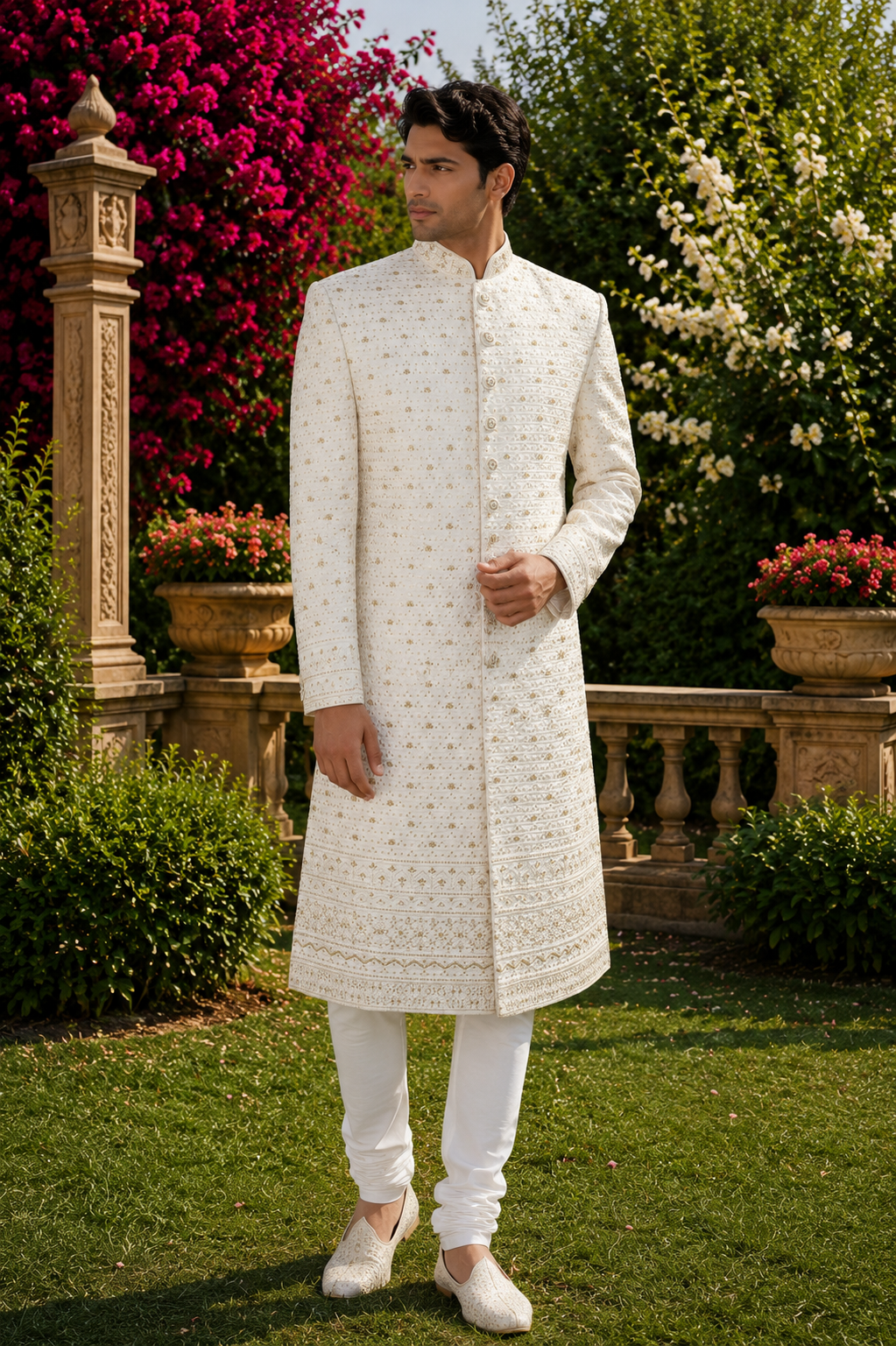 White Wedding Groom Sherwani - Sequin Work | Sherwani For Men