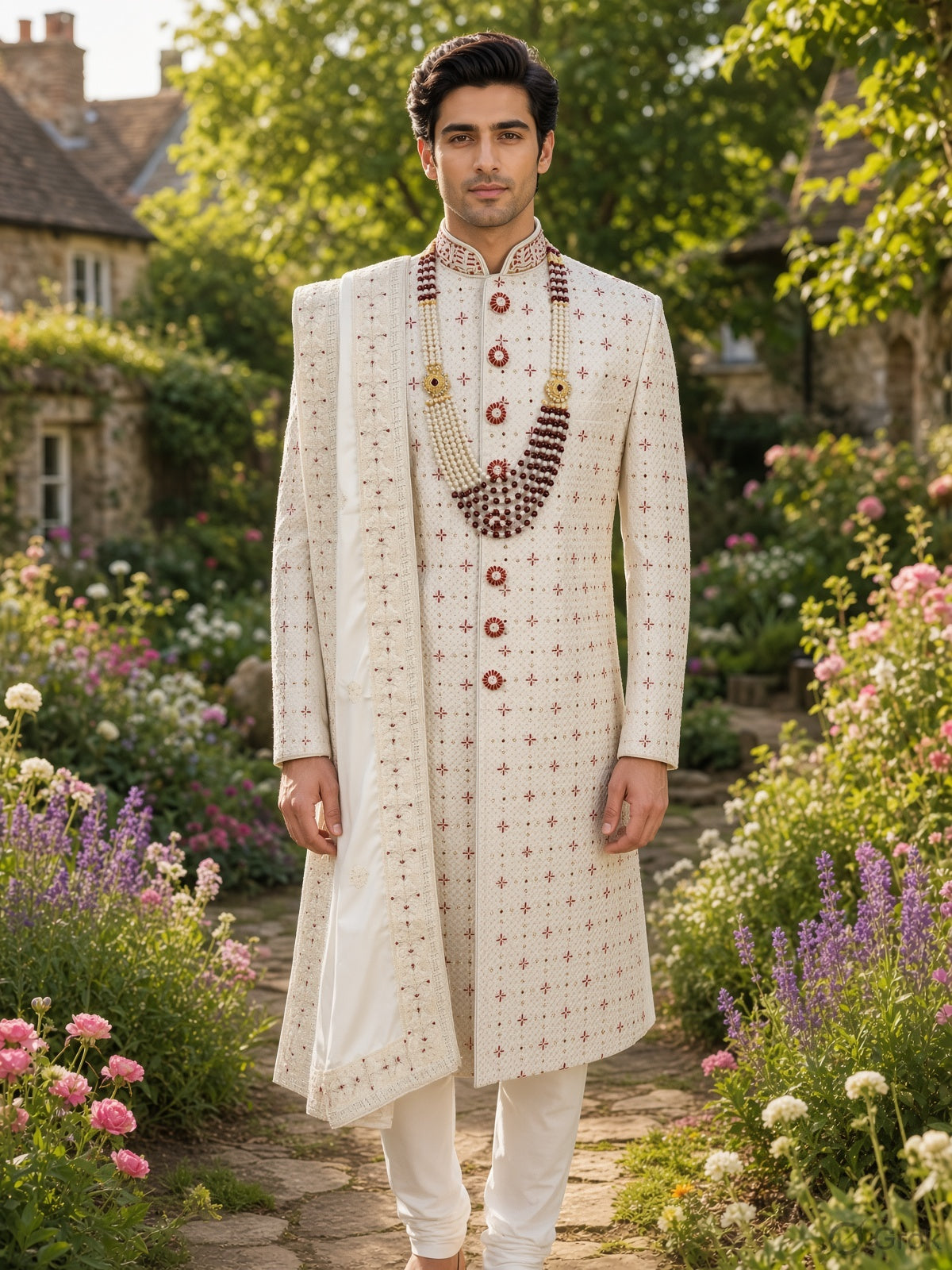 White Wedding Groom Sherwani - Beads, Cutdana Work | Sherwani For Men