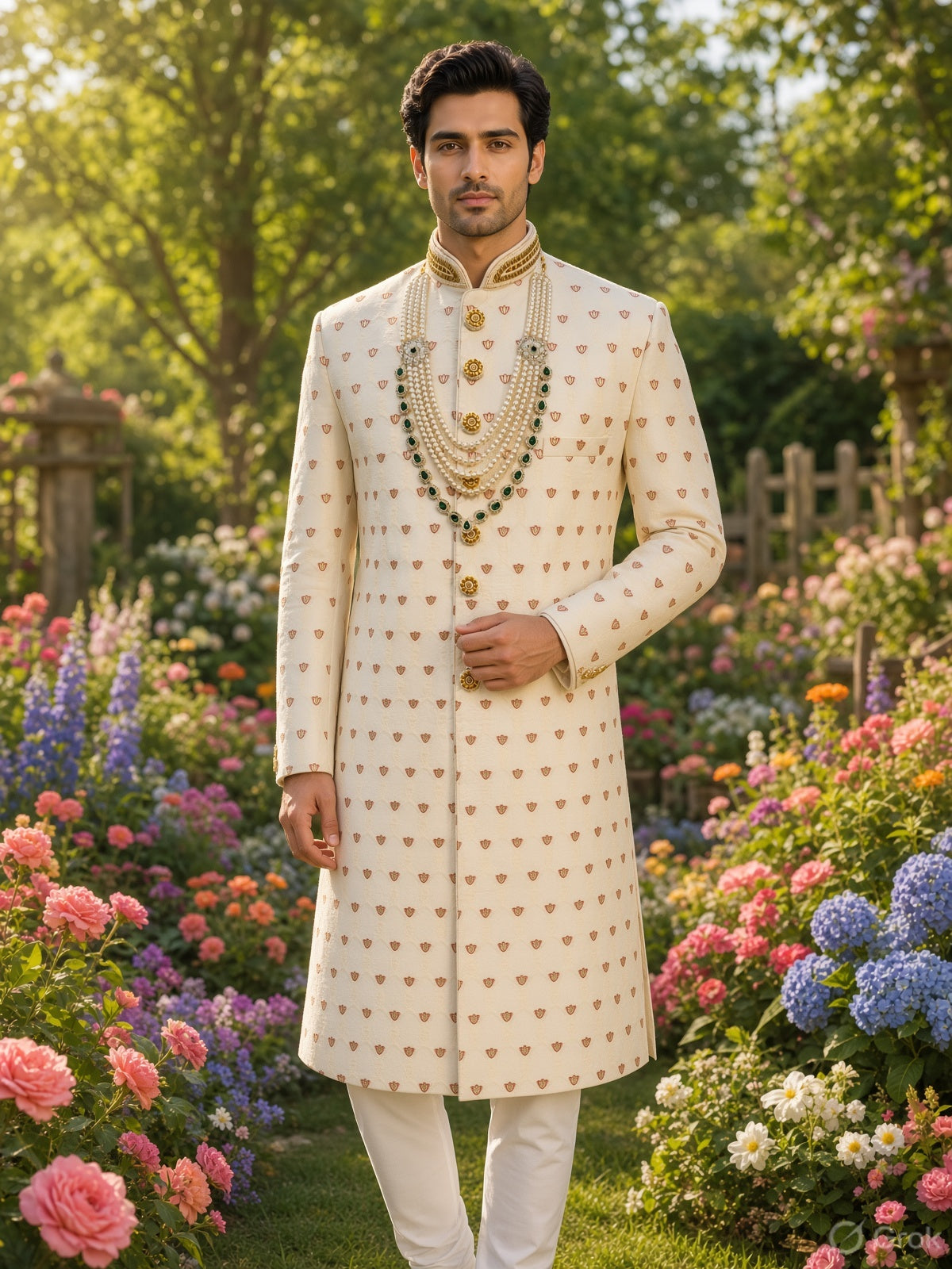 White Wedding Groom Sherwani - Benarasi Fabric | Sherwani For Men