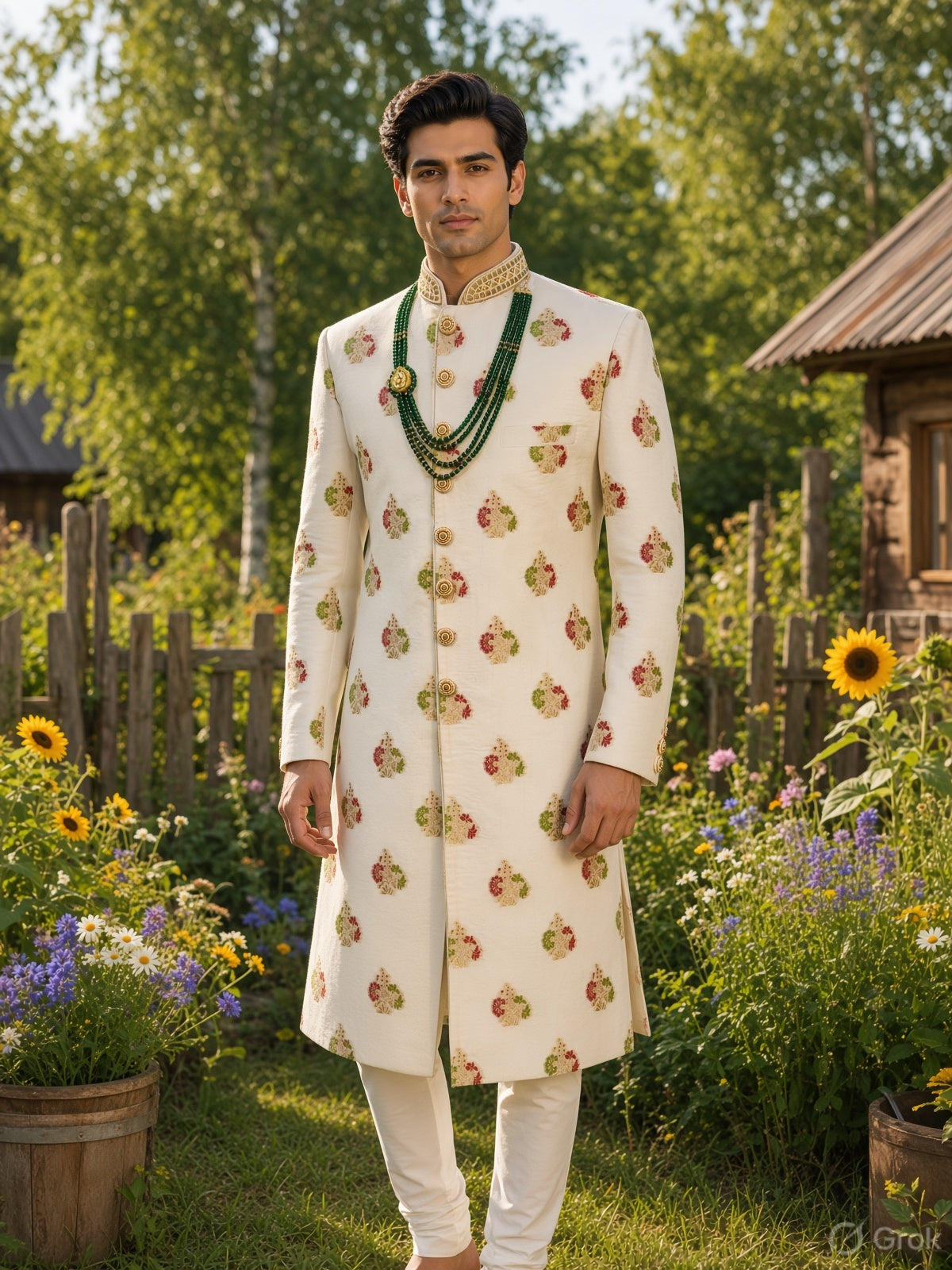 White Wedding Groom Sherwani - Benarasi Fabric | Sherwani For Men