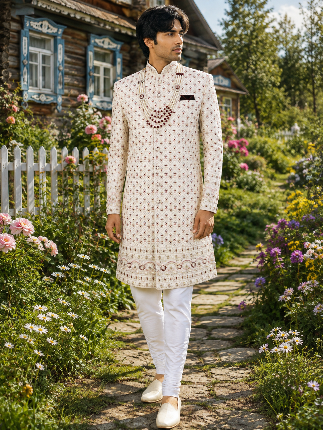 White Wedding Groom Sherwani - Diamonds, Floral Beads Work | Sherwani For Men