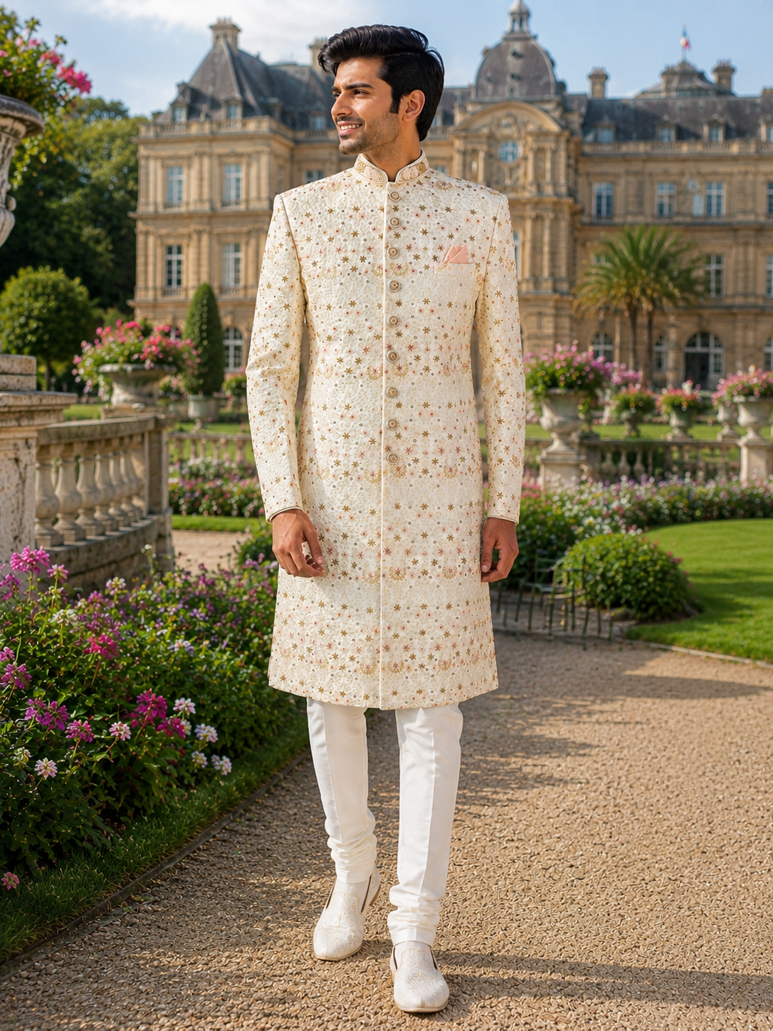 White Wedding Groom Sherwani - Beads, Glass Work | Sherwani For Men