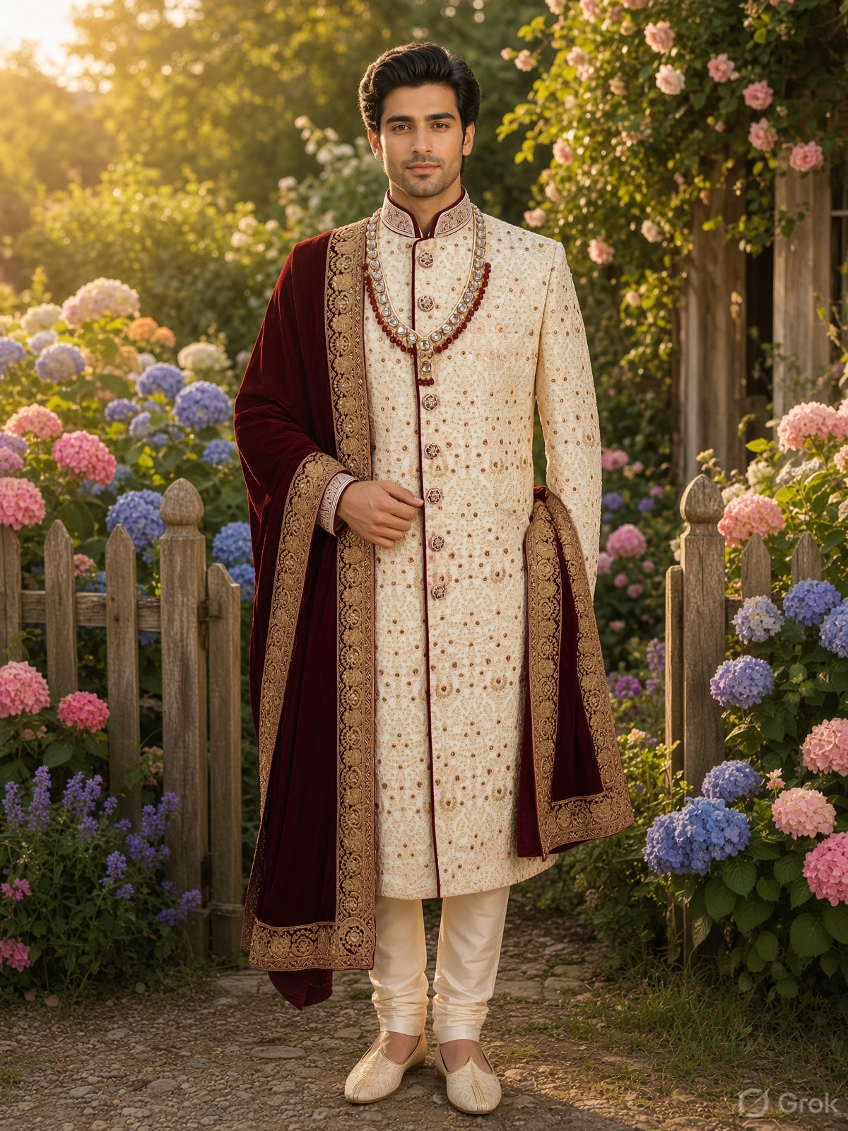 White Wedding Groom Sherwani - Beads, Glass Work | Sherwani For Men